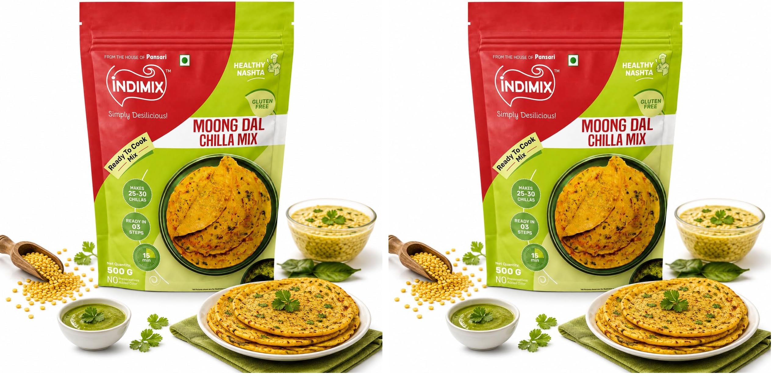 INDIMIX Moong Dal Chilla Mix 500g | High-Protein Instant Breakfast | Multi Dal & Multigrain Chilla Powder | Ready in 3 Easy Steps (From the House of Pansari) (Pack of 2)-picture-14