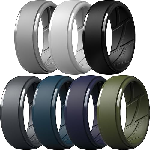ThunderFit Men's Silicone Rings 10mm Wide 2.5mm Thick Rubber Bands, Breathable, Variety Multipack 1-10 - Pack A: Charcoal Black, Iron Grey, Concrete Grey, Navy Blue, Midnight Blue, Olive Green, Light Grey - 8.5 - 9 (18.90mm)