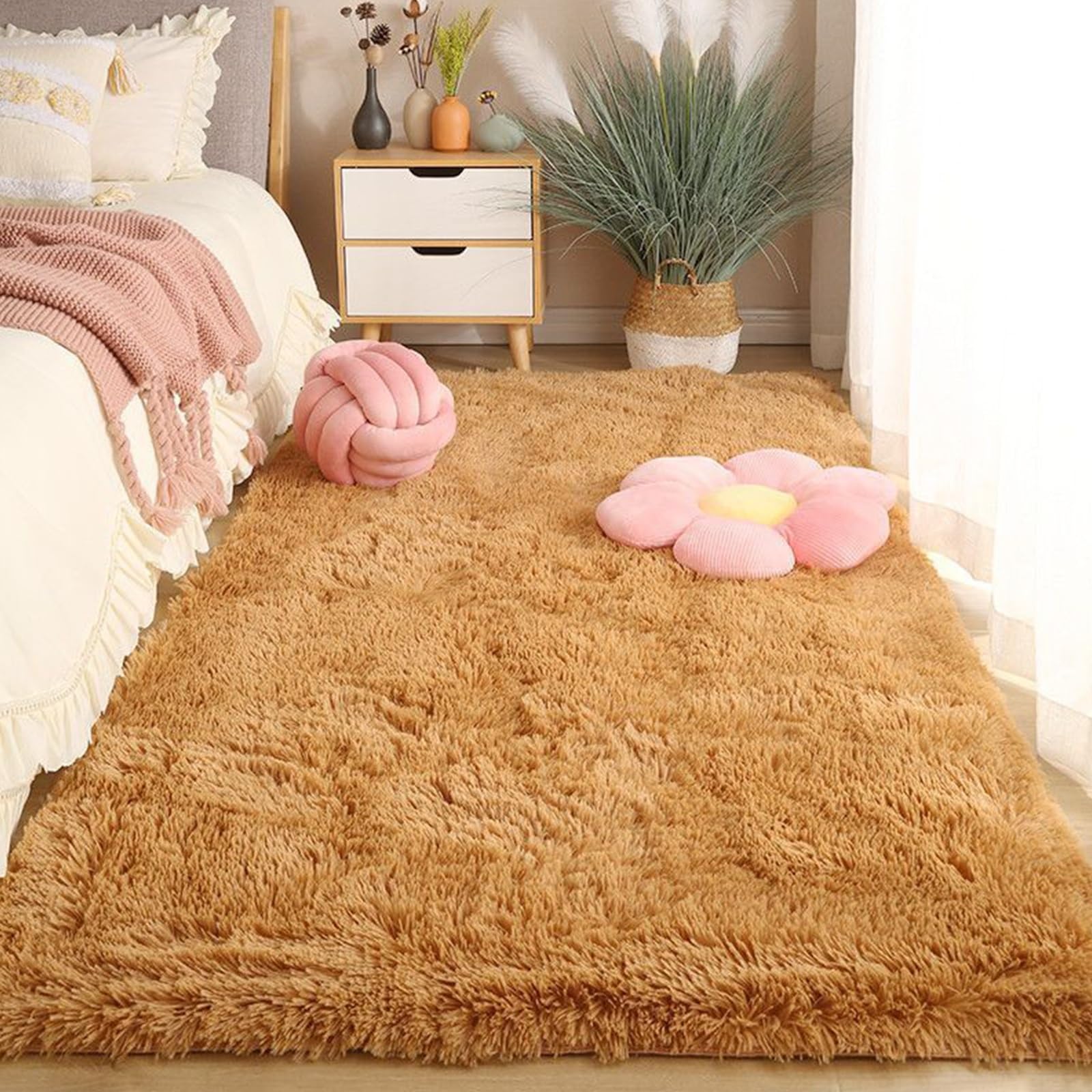 Alfombras Salón Alfombras Modernas 110 x 160 cm Suaves de La Pelusa, Lavable y Antideslizante, Muy Suave Alfombras Peludas y Esponjosas Modernas para Salón, Beige Oscuro