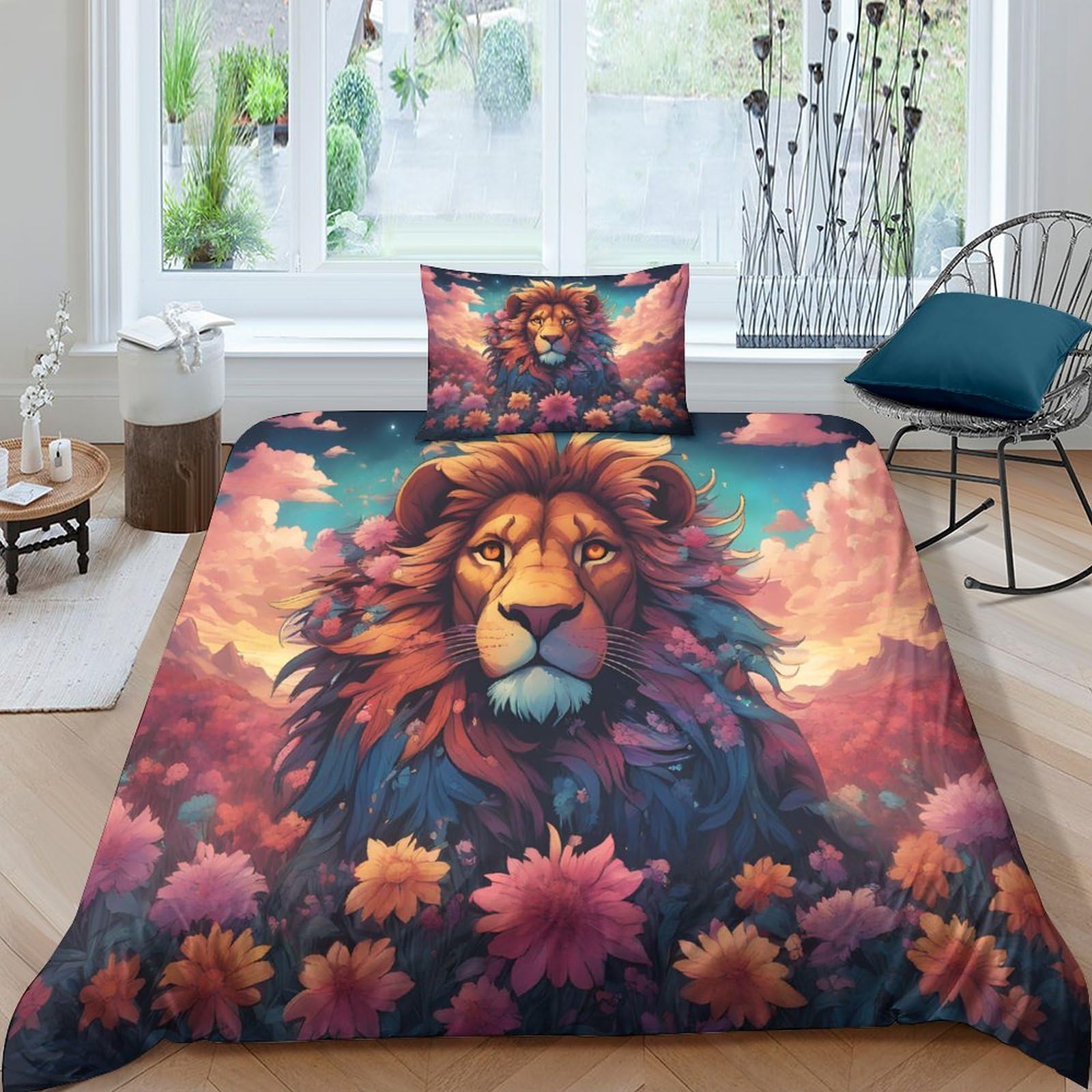 Ensemble de literie lion imprimé 3D linge de lit single avec taie d'oreiller