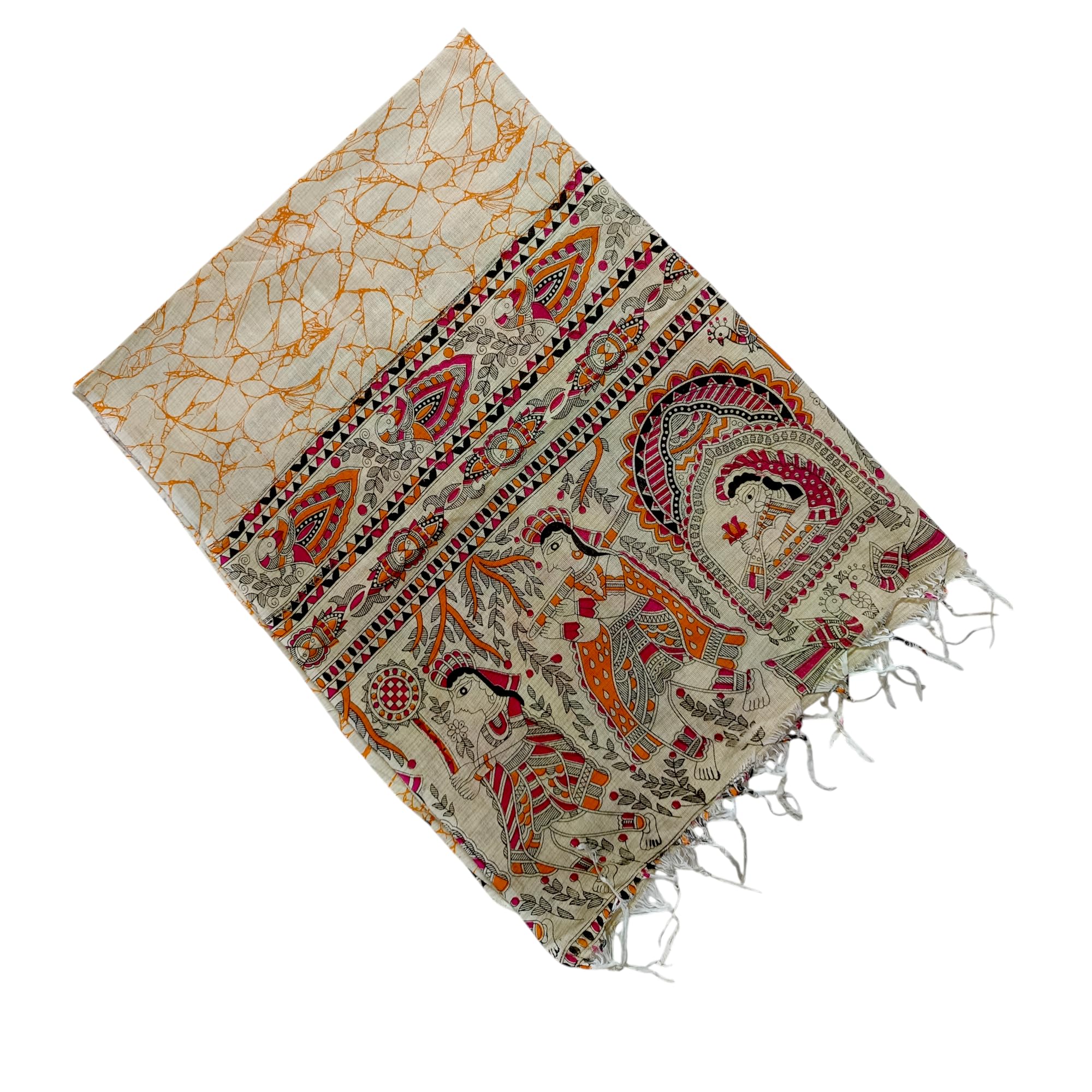 Cotton khadi Madhubani Mithila Printed Bhagalpuri Dupatta For Womens Girls Treditional ethnic Doli Kahar Folk Design Chunni Odhani Length 2.30m width 80cm pack of 1pcs (orange, ) (orange, 2.30m)-image-41