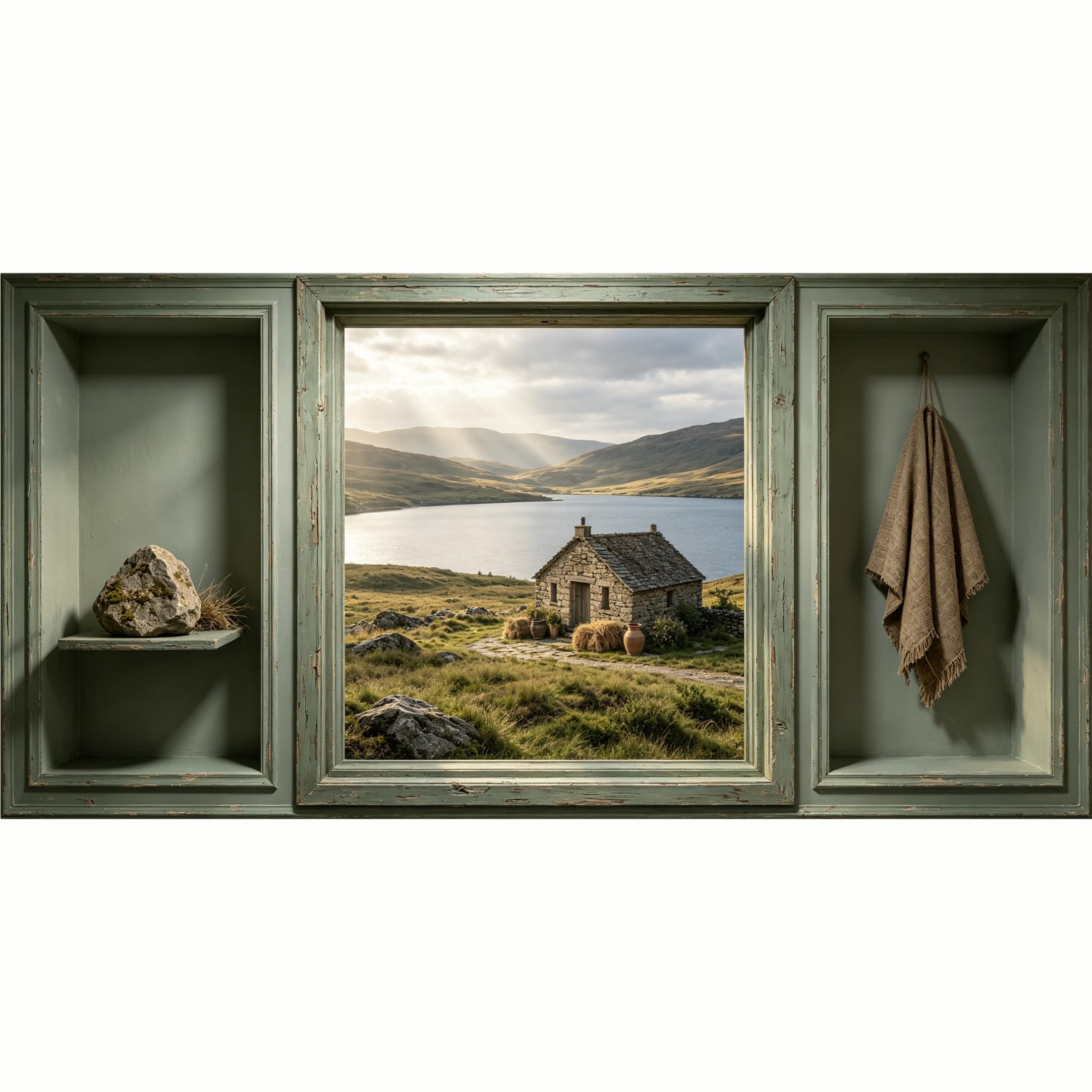 QZLITHOTIC 50x100cm 3D Framed Wall Art， Rustic Stone Cottage Landscape SelfActivated Mural， WaterActivated Peel & Stick Fabric Decor Wall Decal for Bedroom Living Room