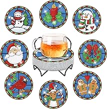 8 Pcs Christmas Diamond Art Coasters Elk Santa Claus Diamond Painting Coasters with Holder Xmas Diamond Painting Kit Red Green White Diamond Coasters Crafts for Adults Kids DIY Holiday
