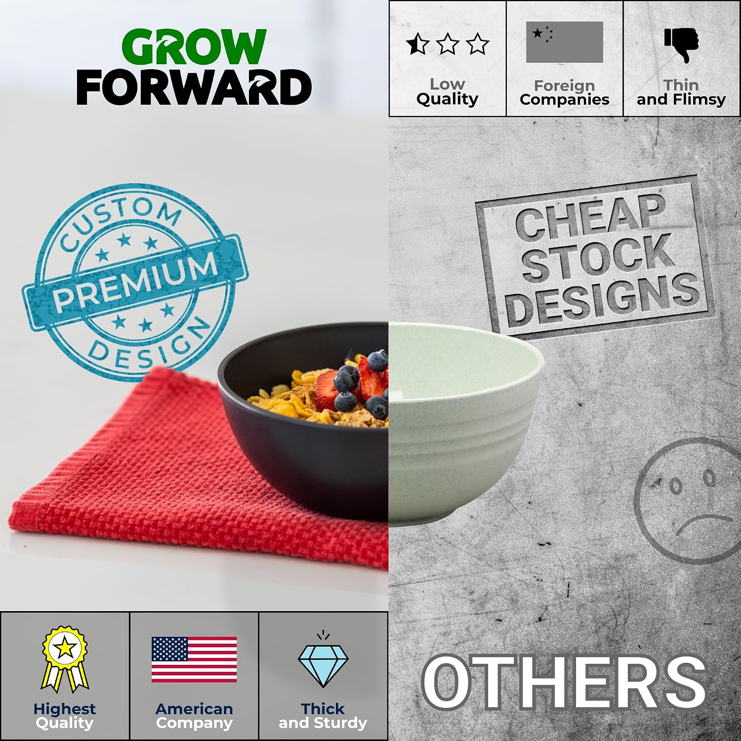 Grow Forward Premium Wheat Straw Bowls Set of 8 - Reusable 27oz Hard Plastic Cereal Bowls - Unbreakable Microwave Safe Bowls for Kitchen, Camping, RV, Dessert, Soup, Salad, Ramen - Midnight image 4