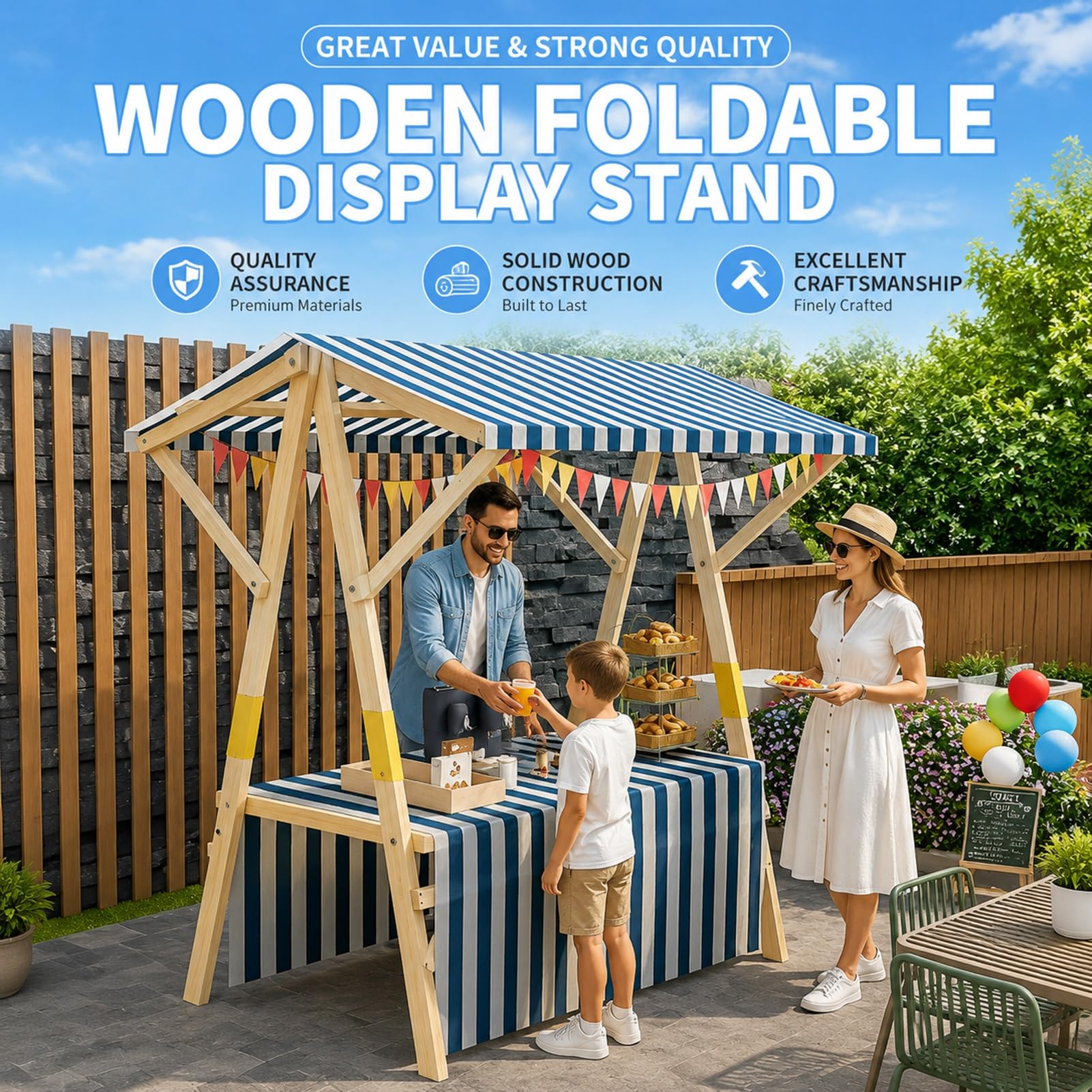 Carrello pieghevole in legno con tettoia a righe, carrello portatile per distributori di alimenti, per eventi all'aperto e mercatini di strada (rosso, 150 cm / 59in), ideale per festival e mercati