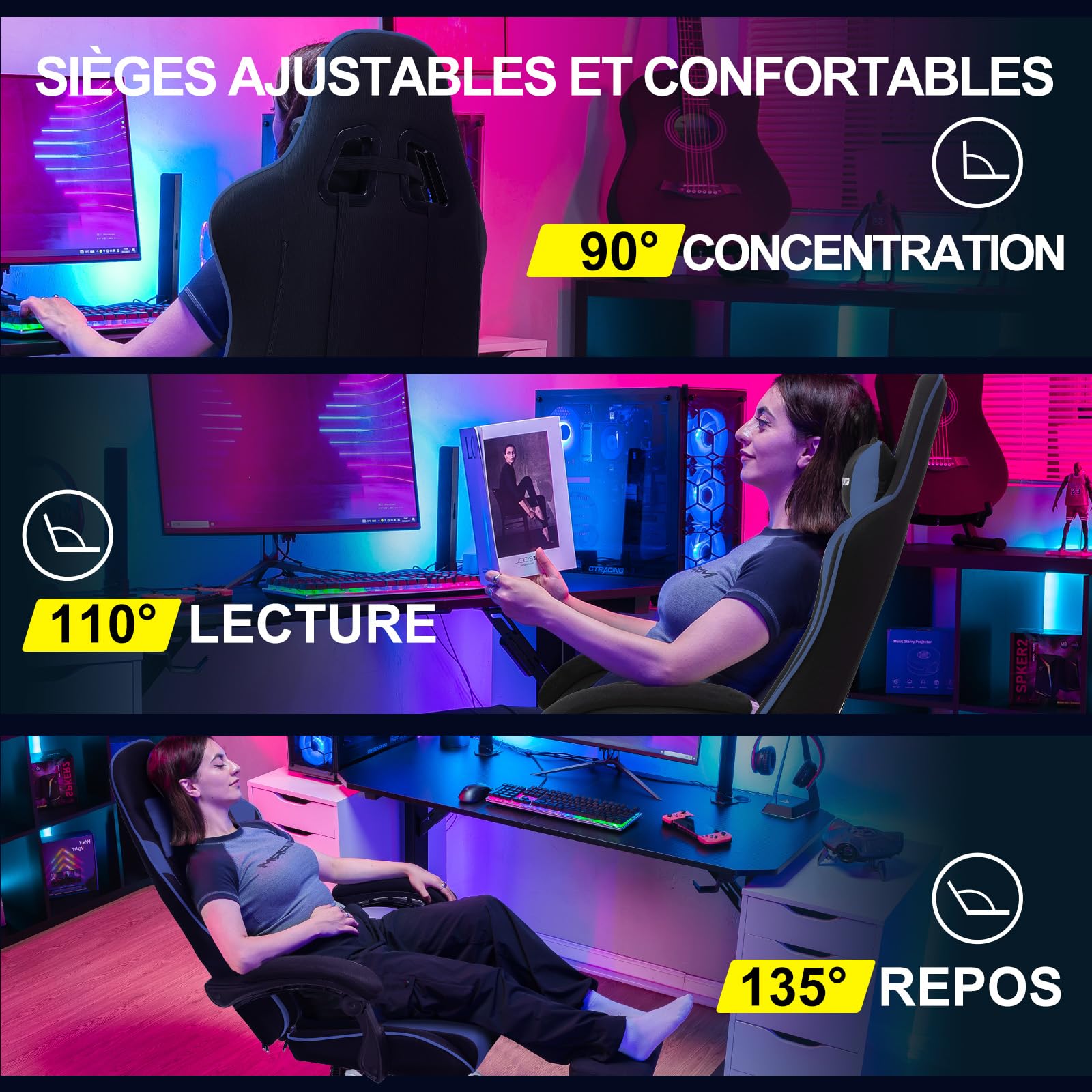 GTPLAYER Sedia da gioco ergonomica, sedia da gioco, sedia da ufficio, sedia da gioco, con schienale regolabile a 135°, altezza regolabile, seduta in tessuto blu