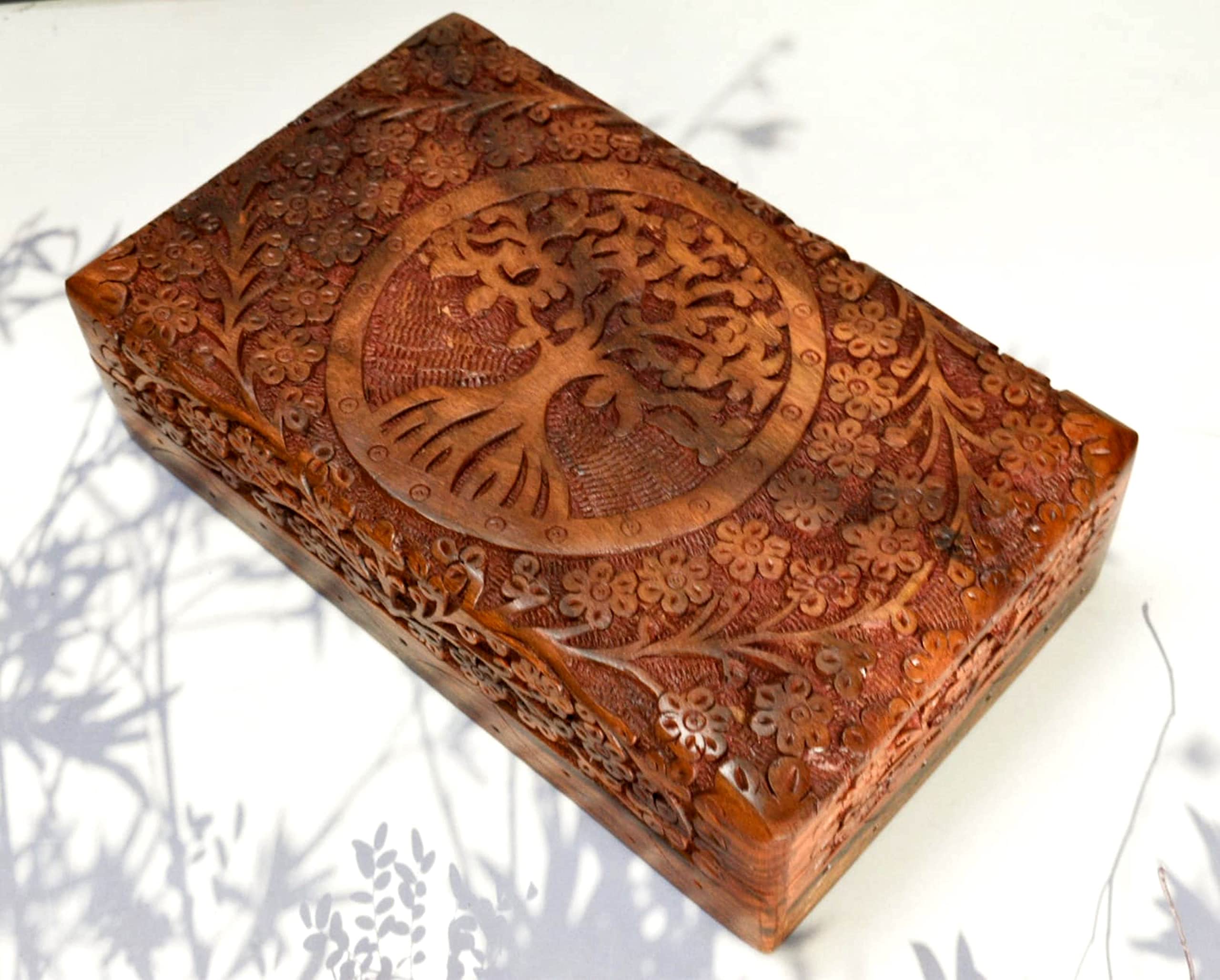 India House-Hand Engraved TREE OF LIFE Wooden Box Keepsake Jewelry Organizer &Storage (Design 13), Tree of Life- 10x6 Inch - Image 2