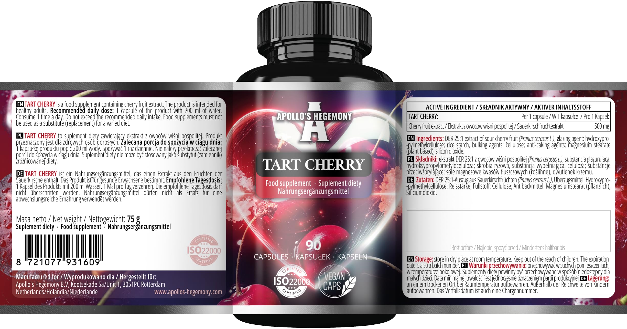 Tart Cherry 500 mg par gélule - Extrait concentré 25:1-90 gélules végétaliennes pour un bien-être amélioré - par Apollo's Hegemony