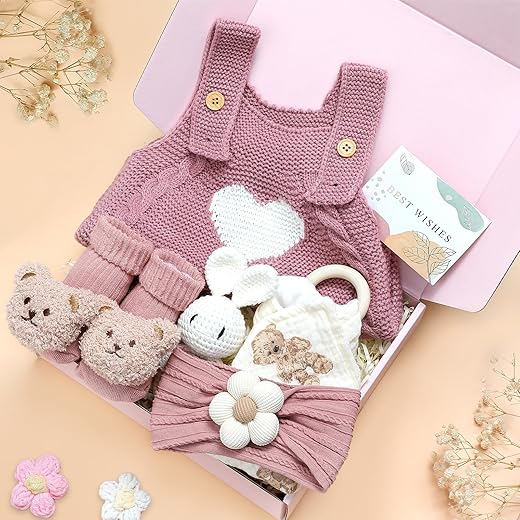 Gift Set for Newborn Shower Gifts Basket Pink New Born Essentials with Knitted Sweater Infant Rattle Socks Bear Blanket Flower Headband Greeting Box for Babies Gender Reveal Party