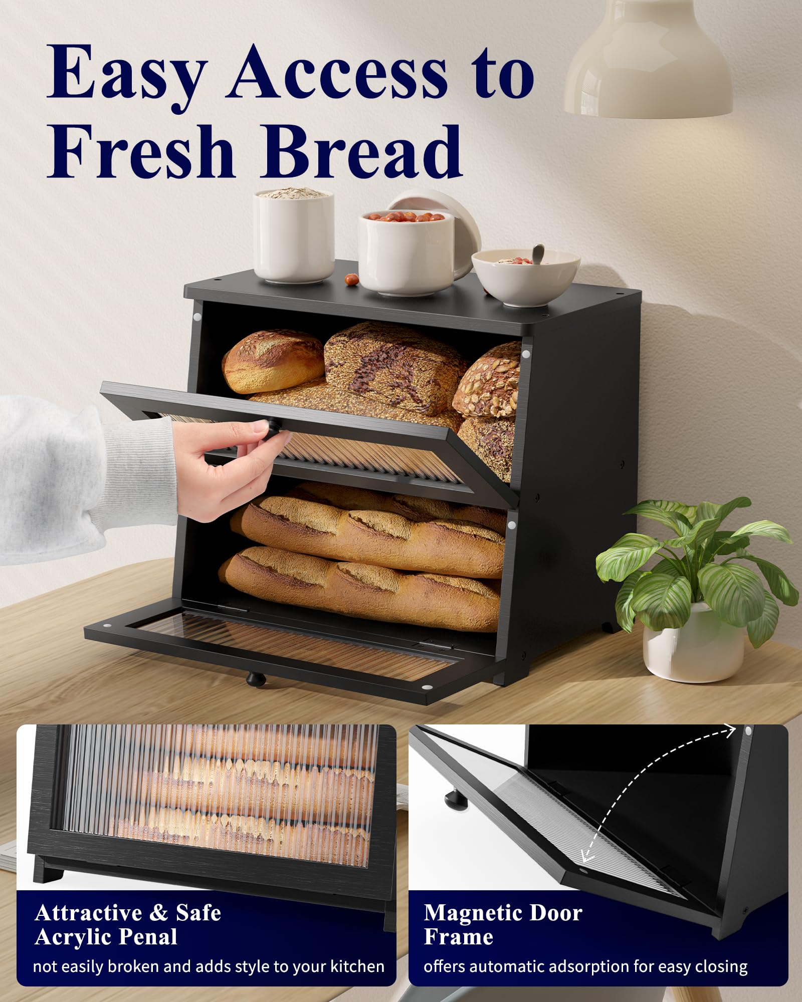Kitsure Panera para encimera de cocina, panera grande, color negro, 2 niveles