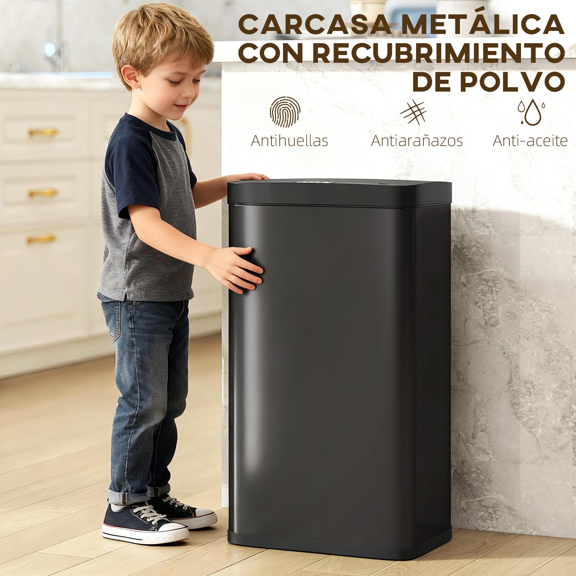 HOMCOM Cubo de Basura Cocina Automático 45 L, Papelera de Cocina de Metal con Sensor Infrarrojo, Cierre Suave, Cubo Interior Extraíble, Antihuellas, para Oficina, Hogar, Negro
