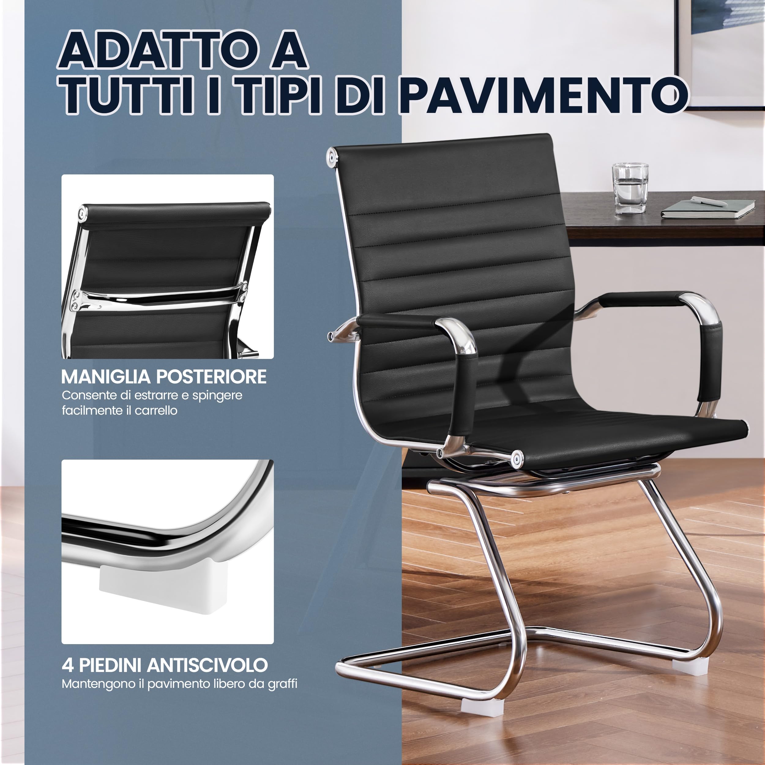 Set 2 Sedie da Pranzo a Sbalzo Imbottita Sedie Ufficio Ospiti | in Finta Pelle, Gambe in Metallo, per Sala da Pranzo, Soggiorno, Cucina, Reception, Nero