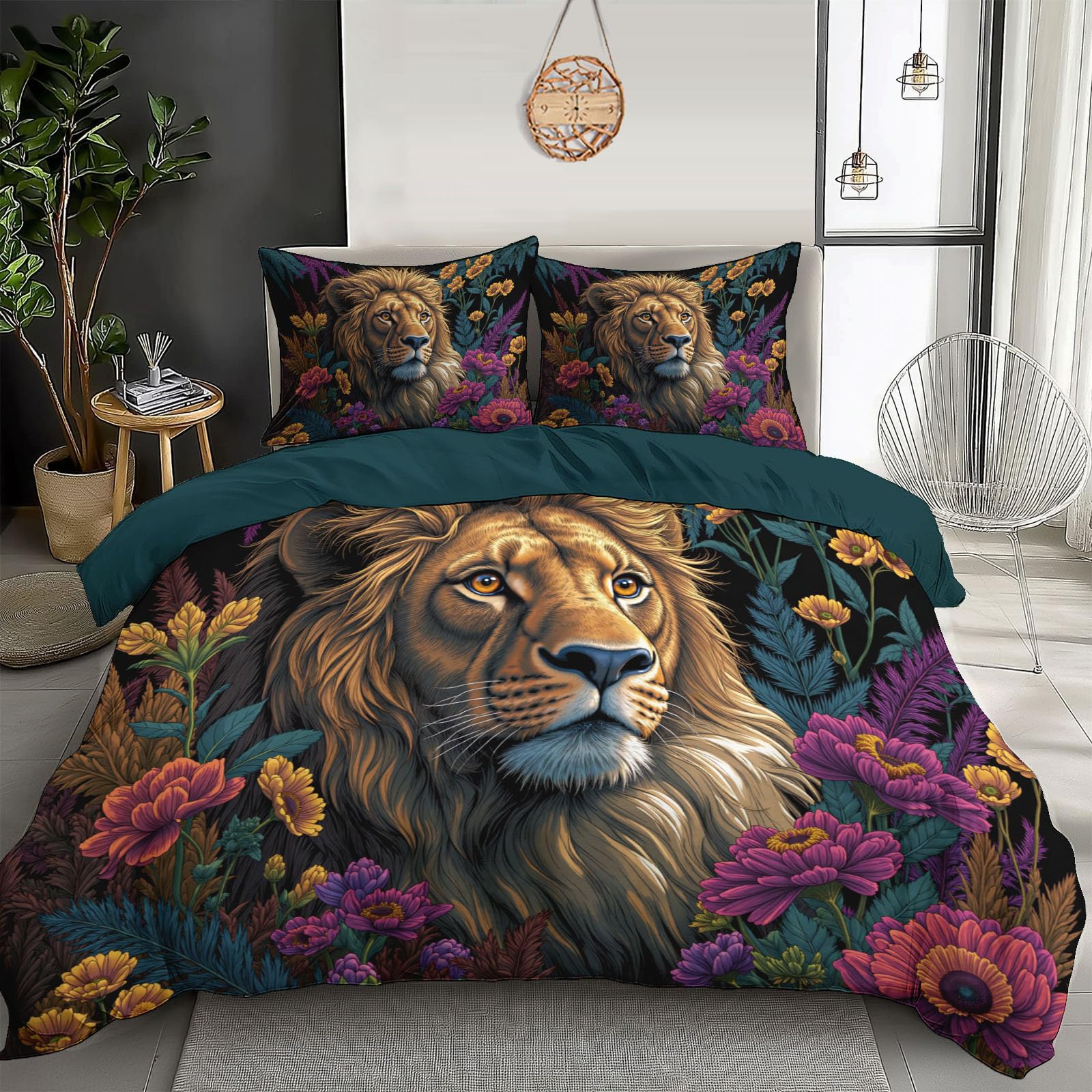 Housse de couette lion brun et fleurs 240x260 toutes saisons