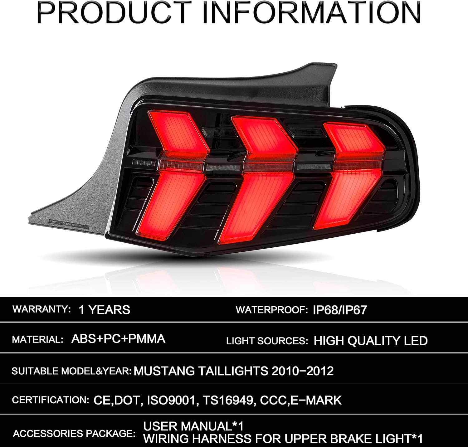 VLAND Tail Lights Assembly Fit for Ford Mustang 2010 2011 2012, LED Tail Lamp Assembly Full LED with Turn Signal, Plug-and-play, Regular