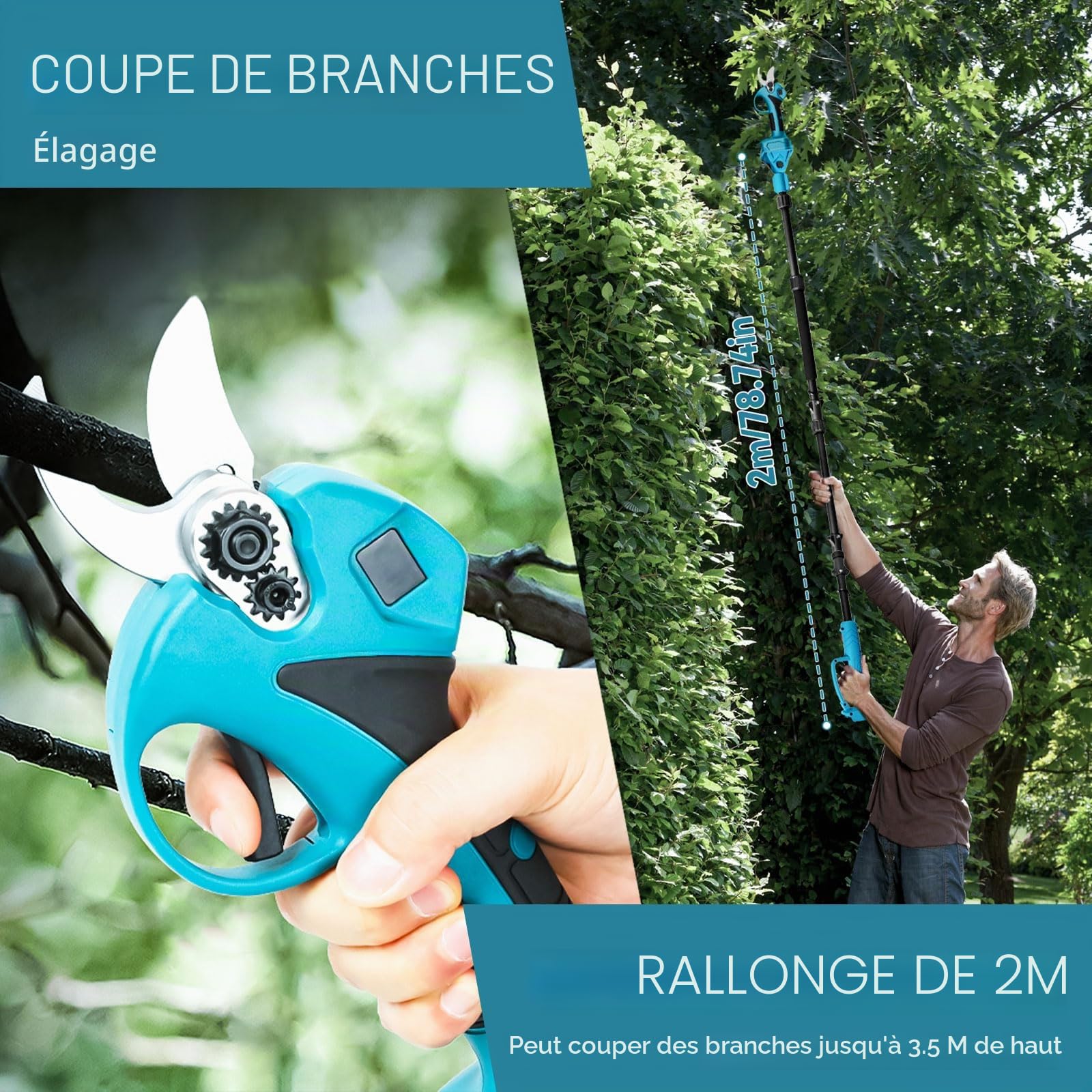Coupe-branches électrique 2 en 1 avec batterie, 70 mm, avec 2 piles de 3000 mAh, rallonge de 2 m, moteur sans balais pour élagage d'arbres, coupe-branches