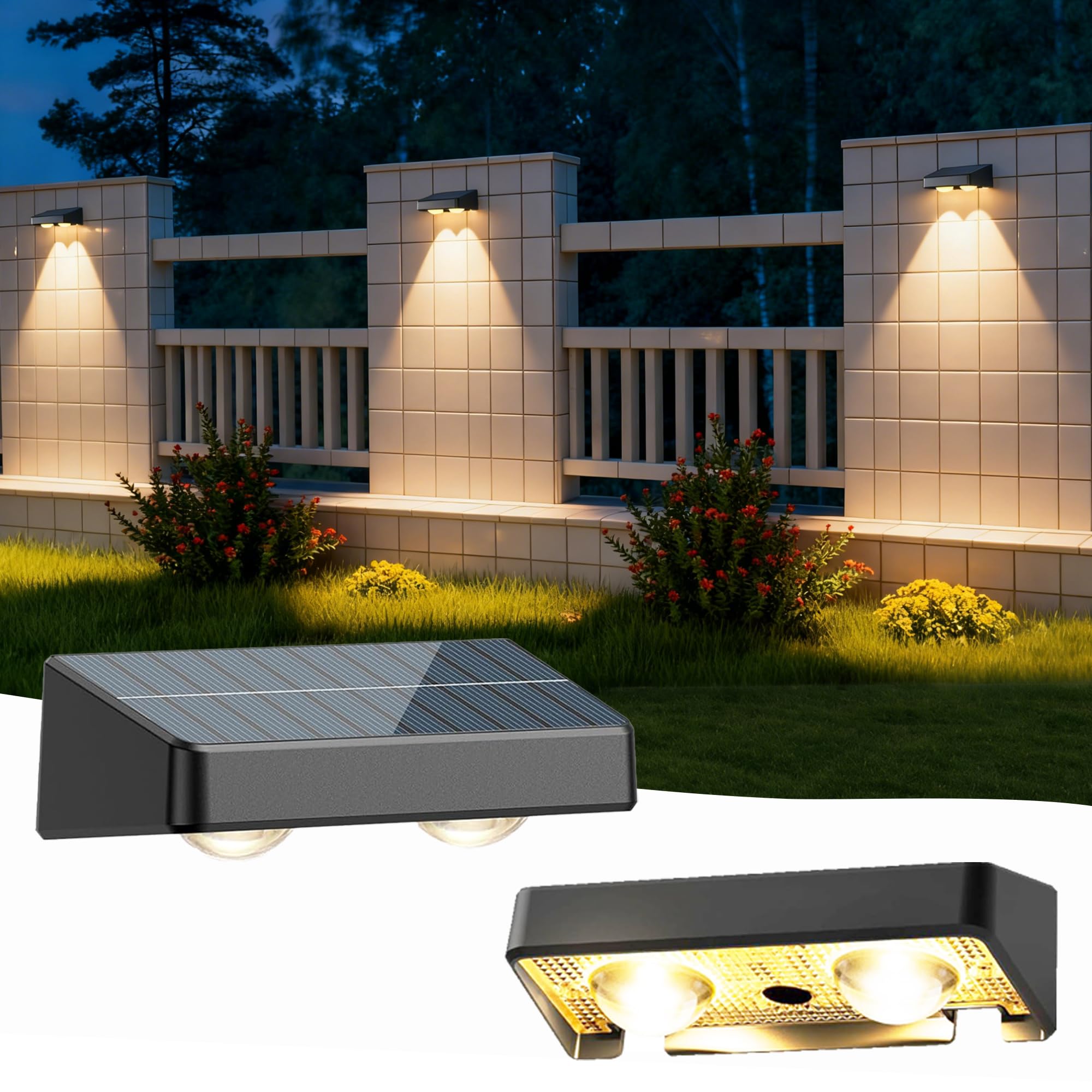 Solar Fence Lights, Outdoor Waterproof LED Solar Light with Warm White & RGB Color Changing, Auto On/Off Deck Railing Lights for Fence, Wall, Balcony, Yard, Patio（2 Pack）