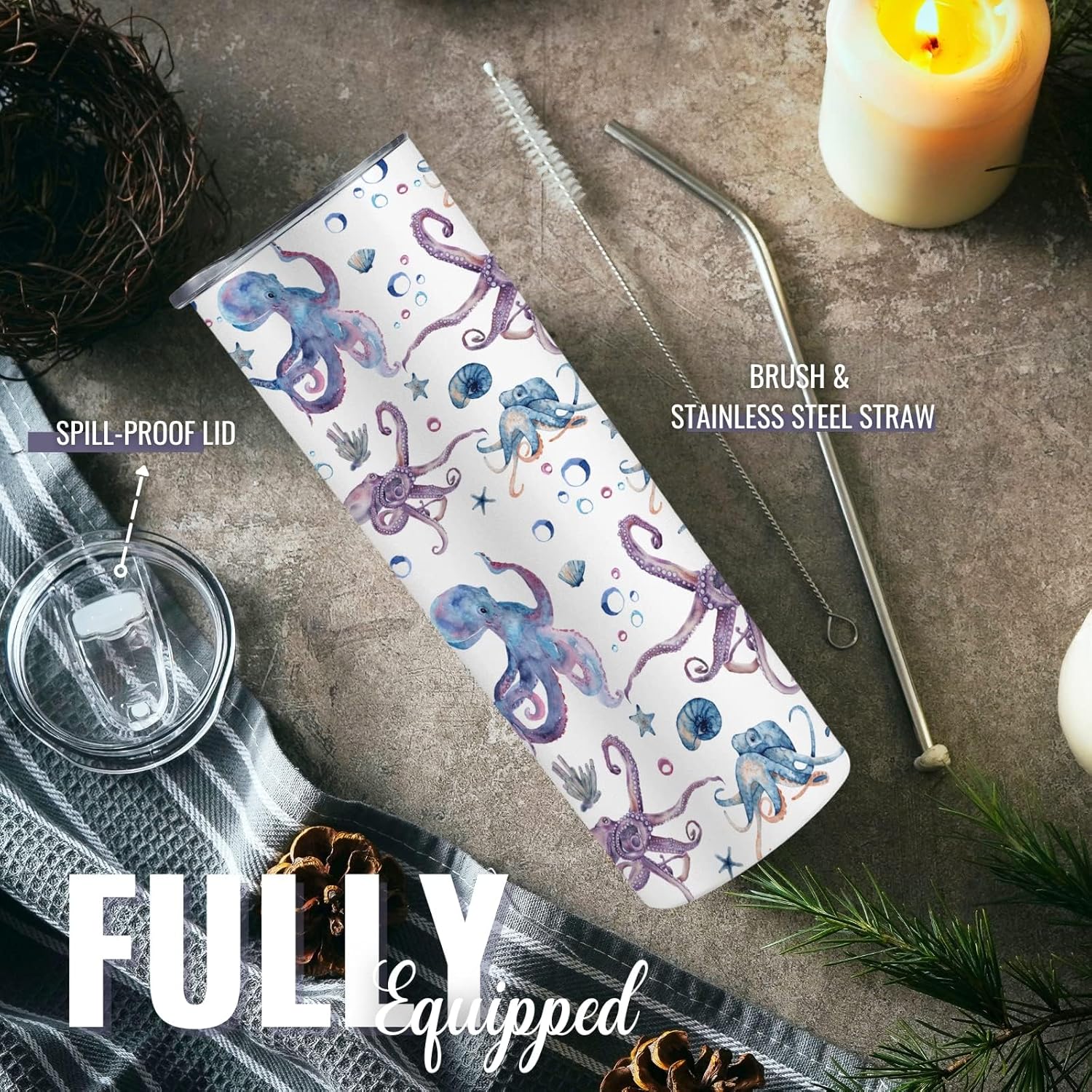 Onebttl Octopus Gifts for Women, Allover Pattern Vintage Squid Octopus Cup, 20 oz Skinny Tumbler with Lid and Straw, Ocean Lovers Gifts for Christmas/Birthday, Gift Box Included - Image 3