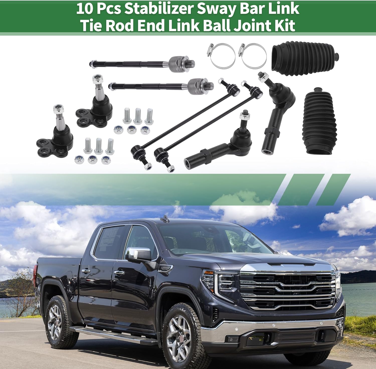 X AUTOHAUX 10 Pcs Front Suspension Kit Inner Outer Tie Rod Ends Front Sway Bar Link Lower Ball Joint with Boots for GMC Acadia 2011-2015 No.EV800572/ES800286/K500088