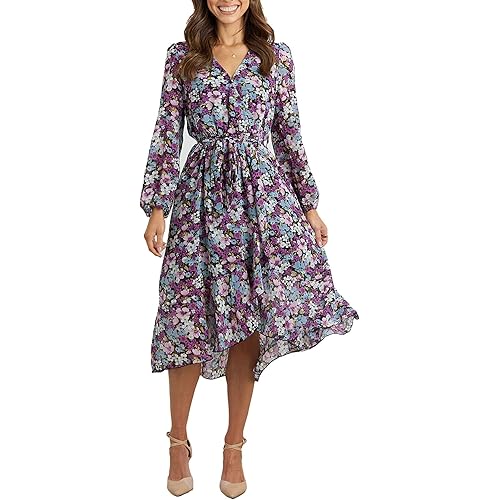 PRETTYGARDEN Women's Floral Print Boho Dress Long Sleeve Wrap V Neck Ruffle Belted A-Line Flowy Maxi Dresses