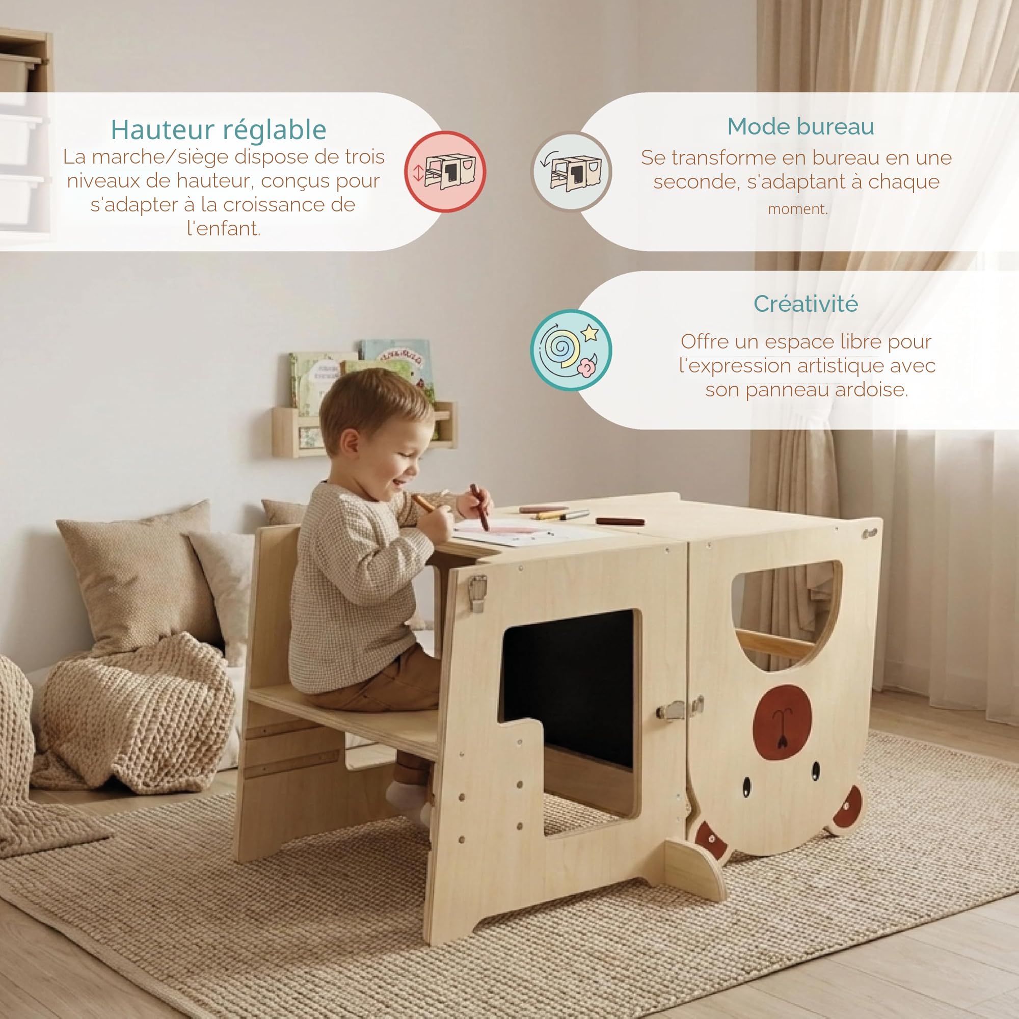 Buddy Baby Tour d'apprentissage Montessori Enfants Bureau Tabouret Convertibles Cuisine Bois Massif Barre sécurité Pliable