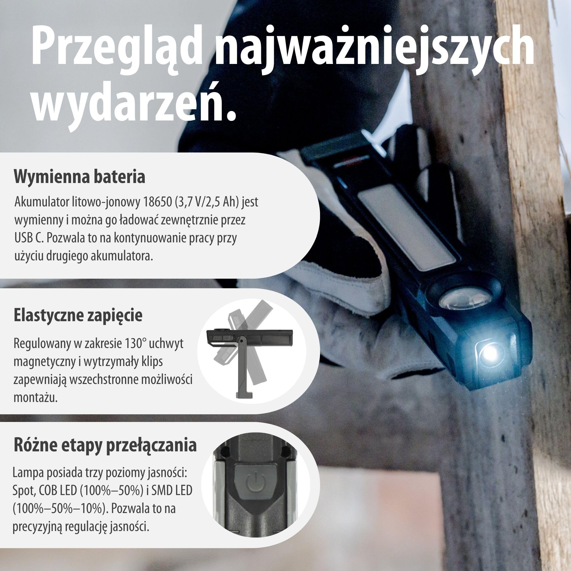 Brennenstuhl Latarka LED akumulatorowa HL 900 A/Lampa robocza z magnesem (3 źródła światła: Spot, COB, SMD, 900lm, stopień ochrony IP54, do 40h pracy, wymienny akumulator, uchwyt 130°, 6500K)