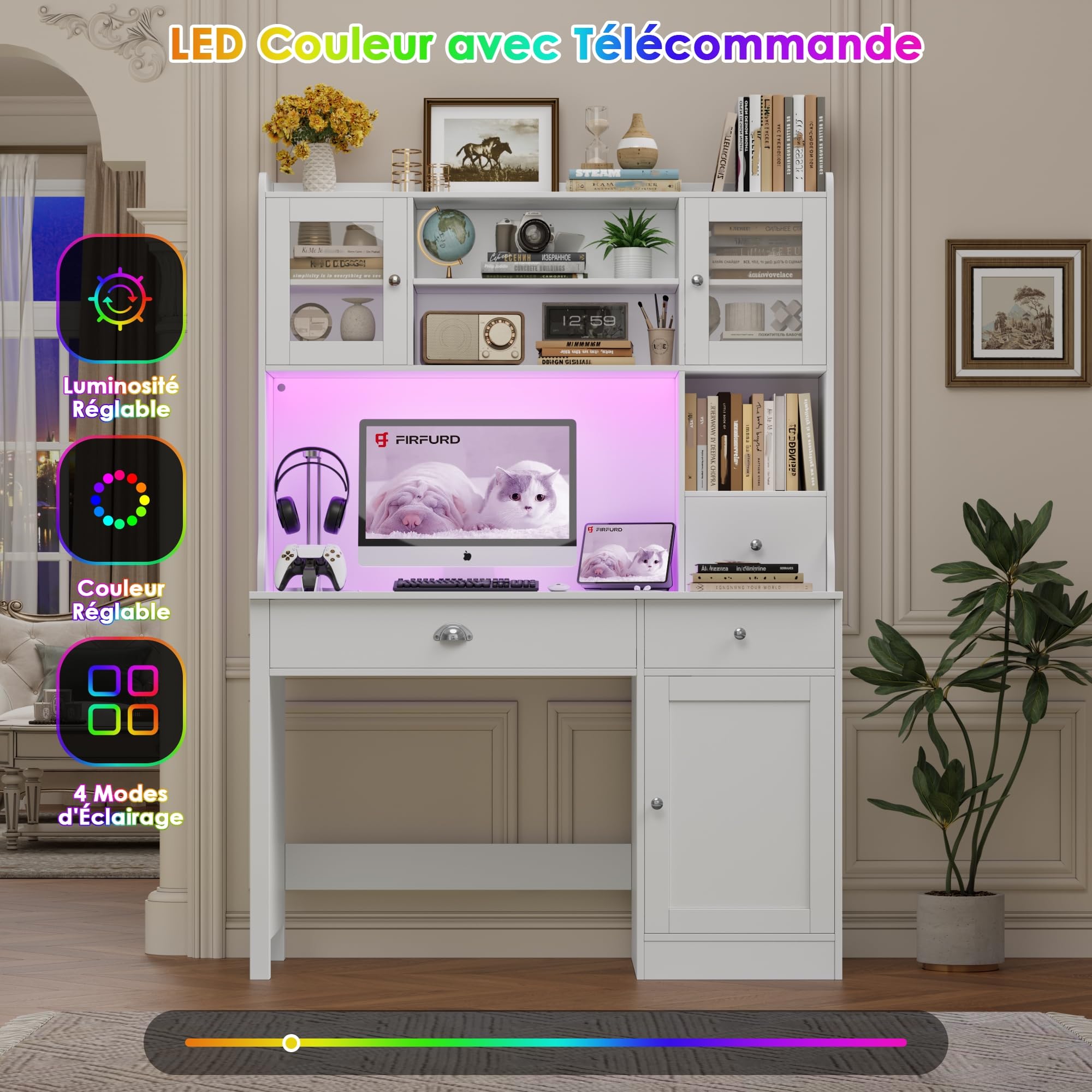 FirFurd Bureau Blanc avec LED Bureau avec Rangement avec Prises/Type-C/USB