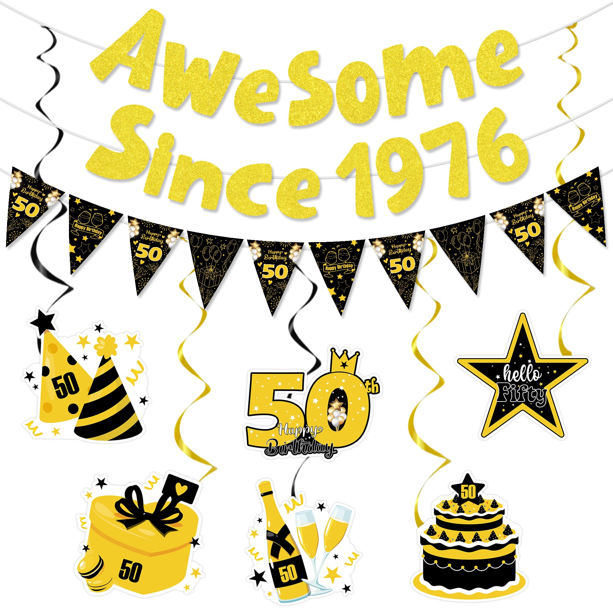 50th Birthday Decorations Black Gold Party Supplies, Awesome Since 1976 Banner with Hanging Swirls, 50 Birthday Party Supplies for Men Women