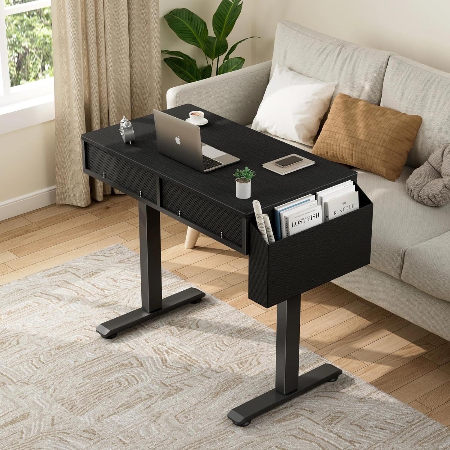 Lufeiya Höhenverstellbarer Schreibtisch Mit 2 Schublade Kleiner Schreibtisch Schwarz Computertisch mit Stauraum Ergonomischer Arbeitstisch für Büro HomeOffice Gaming 80X50CM