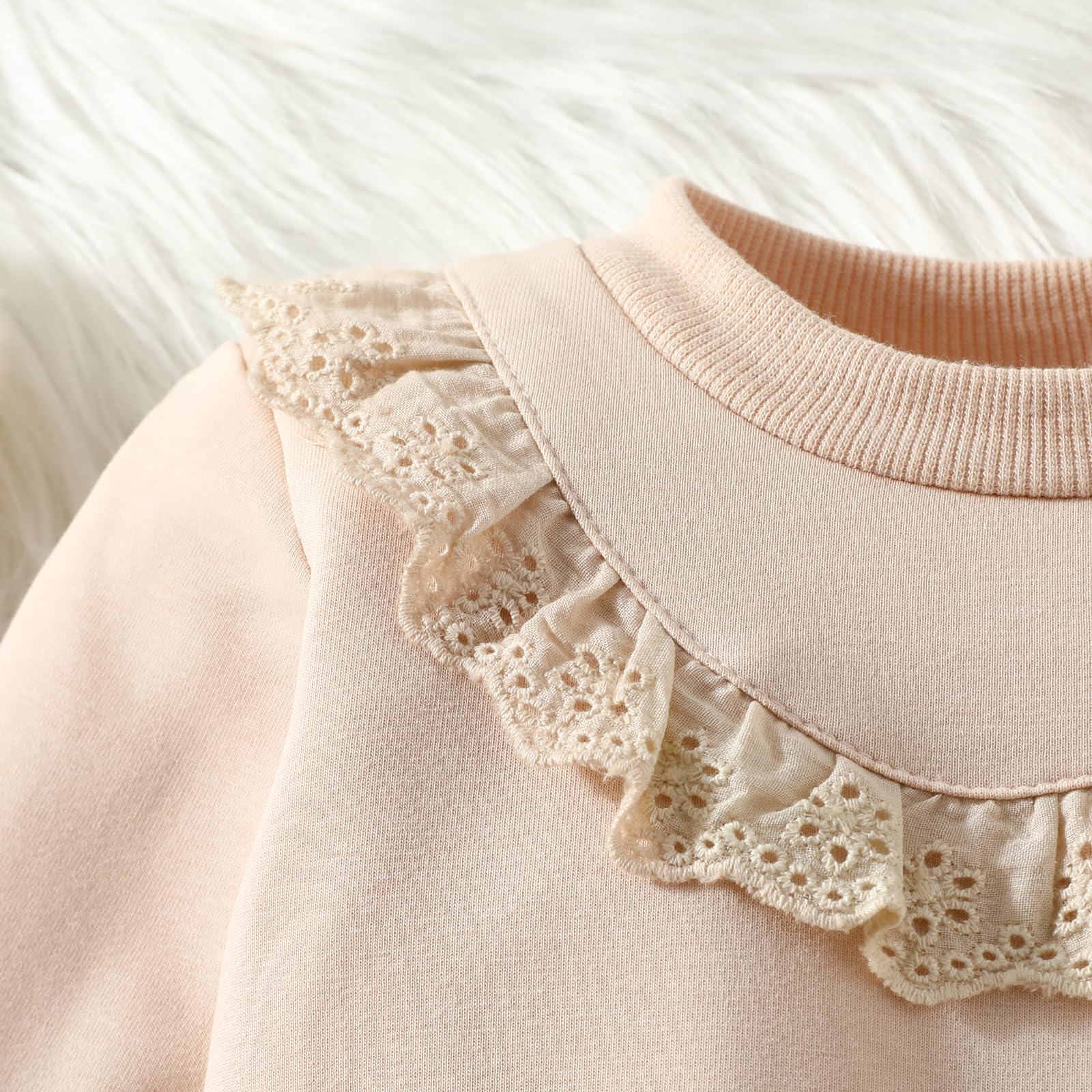 Yanmucy Sweatshirt pour Bébés Filles Vêtements Coton à Volants et Dentelle Sweatshirts Crewneck à Manches Longues Jumper Top Décontracté (FR/ES, Âge, 12 Mois, 18 Mois, Beige)