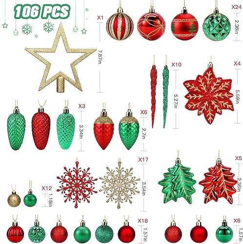 Miniatura 2 de SHareconn Juego de 106 bolas de Navidad, bolas decorativas de plástico inastillables para decoración de árbol de Navidad, decoración de vacaciones,
