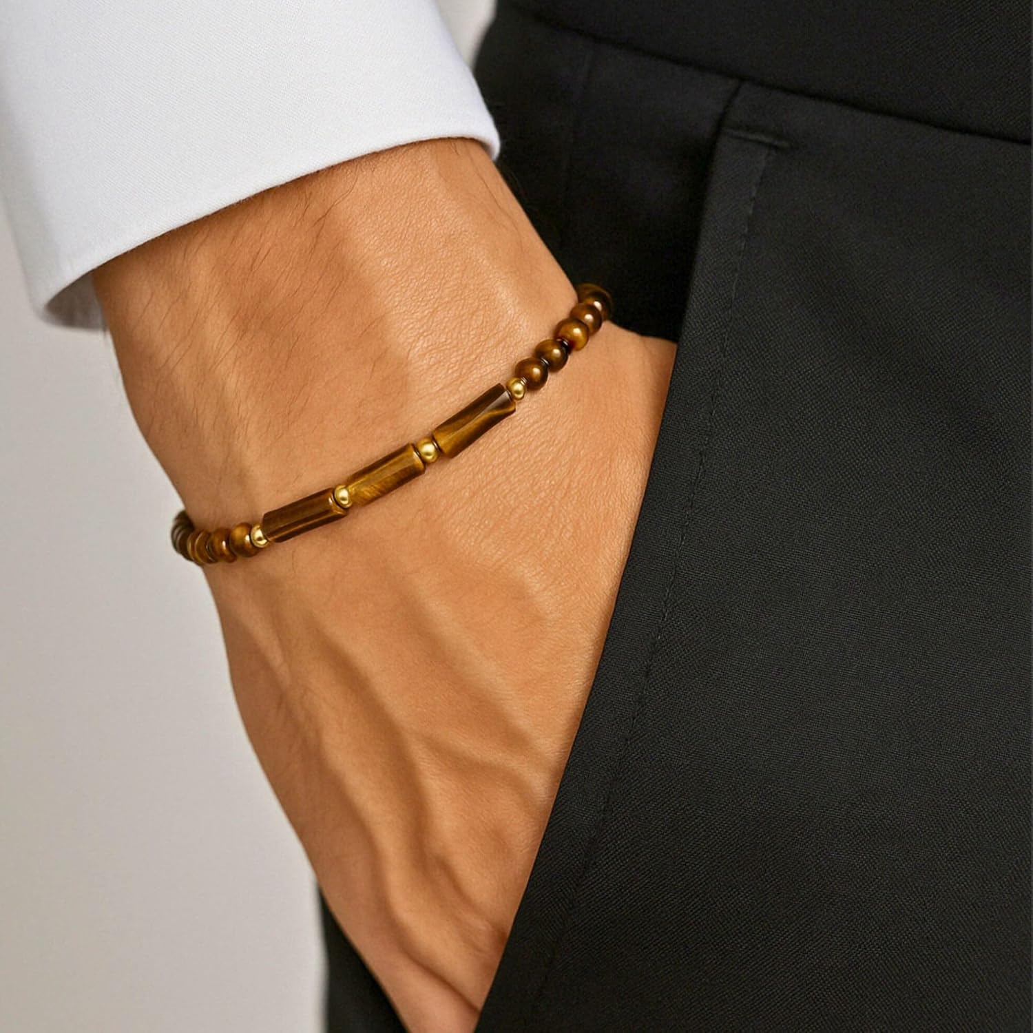 Luck Strings Tigers Eye and 14K Gold Beaded Bracelet - Unisex Stretch Bracelets for Men Women Unisex