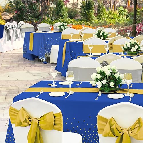 Miniatura 8 de Paquete de 12 manteles y caminos de mesa azules y dorados para decoración de fiesta, mantel desechable de plástico azul real y dorado y camino de