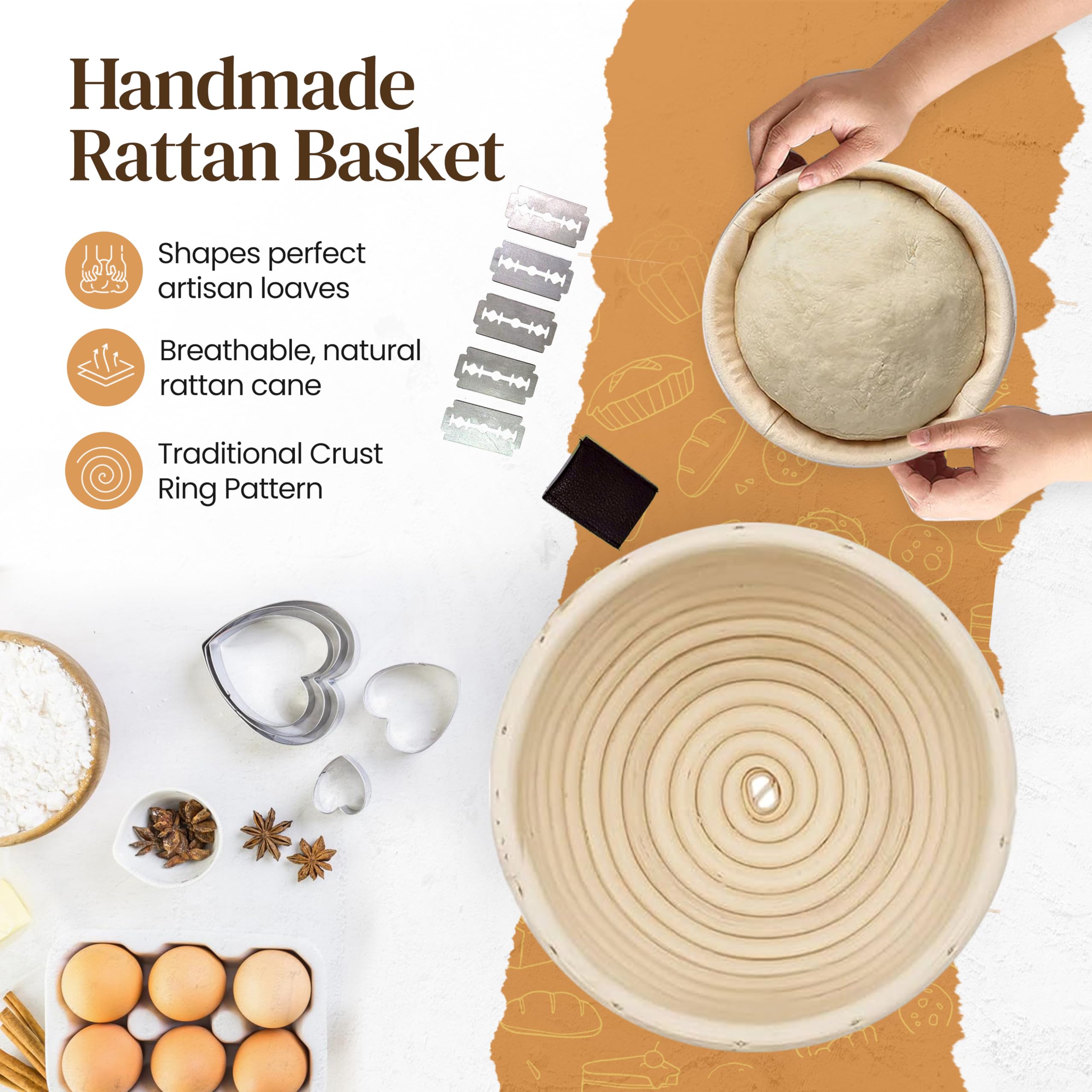 Nuvèro·Homz Banneton Bread Proofing Basket Set – 9 Inch Round Sourdough Starter Kit with Tools & Supplies, Bread Making & Baking Supplies – Ideal Gift Set for Bakers