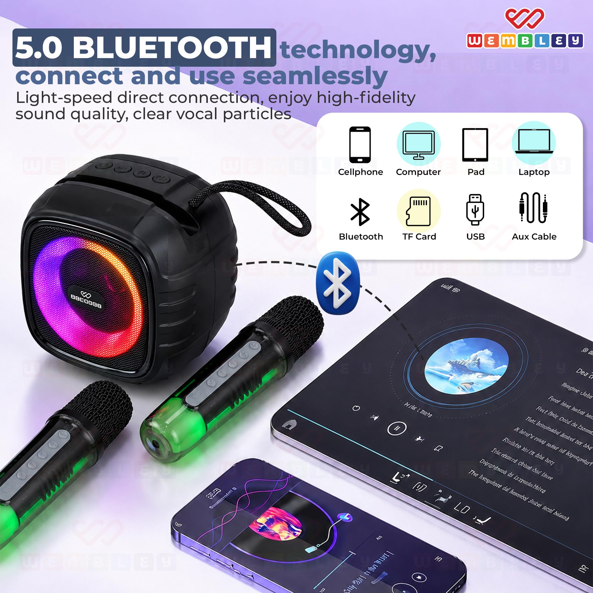 Wembley Karaoke Machine - Wireless Mic & Lights -4