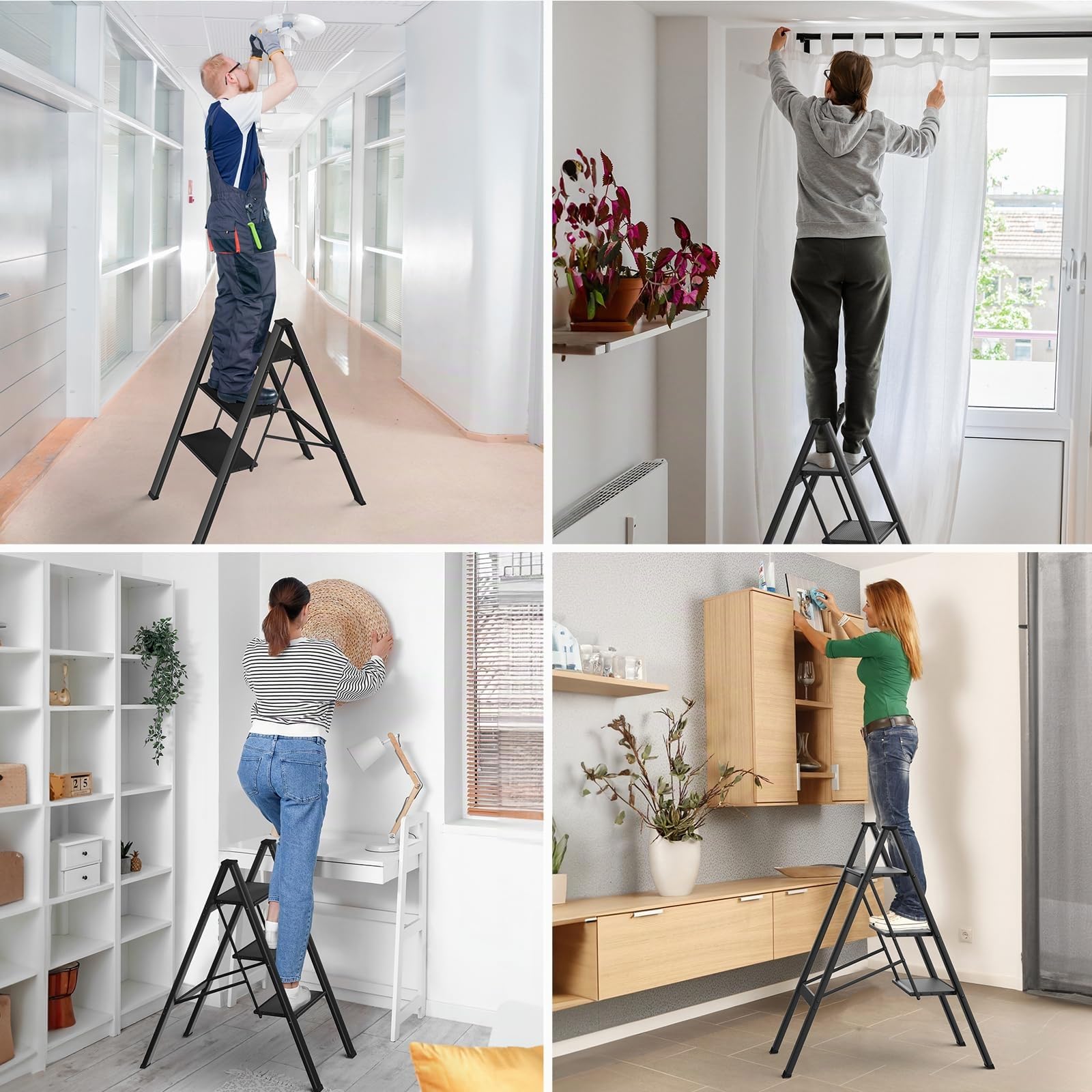 Échelle Aluminium Pliante à 3 Étapes - Antidérapante - Portable - Charge max. 150 kg - Pour Cuisine, Maison, Bureau, Peinture DIY (Noir)