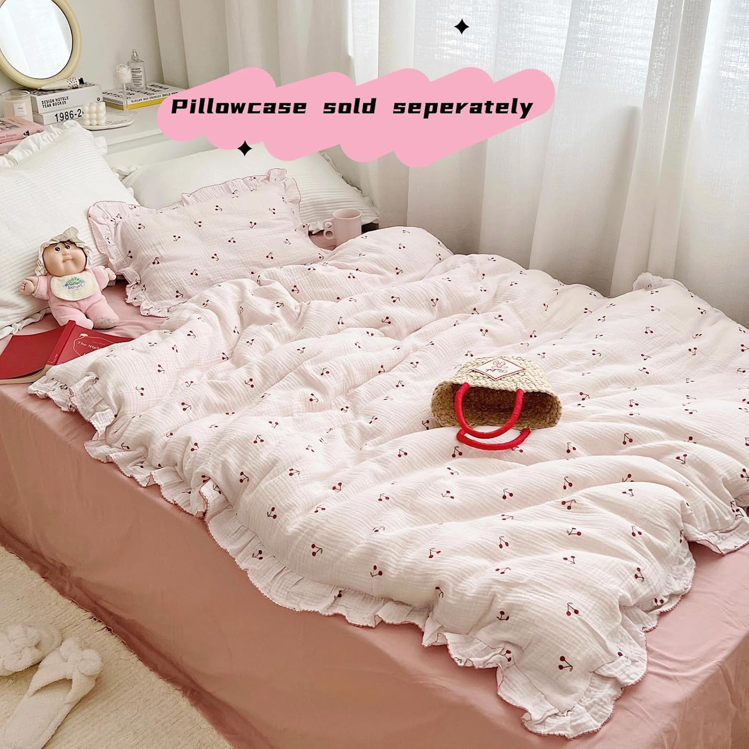 BuLuTu Crib Bedding Duvet Cover for Boys Girls Cotton Muslin Baby Crib Duvet Cover Nursery Bed Decoration Gift, 47"x59", Cherry Print (No Pillowcases)