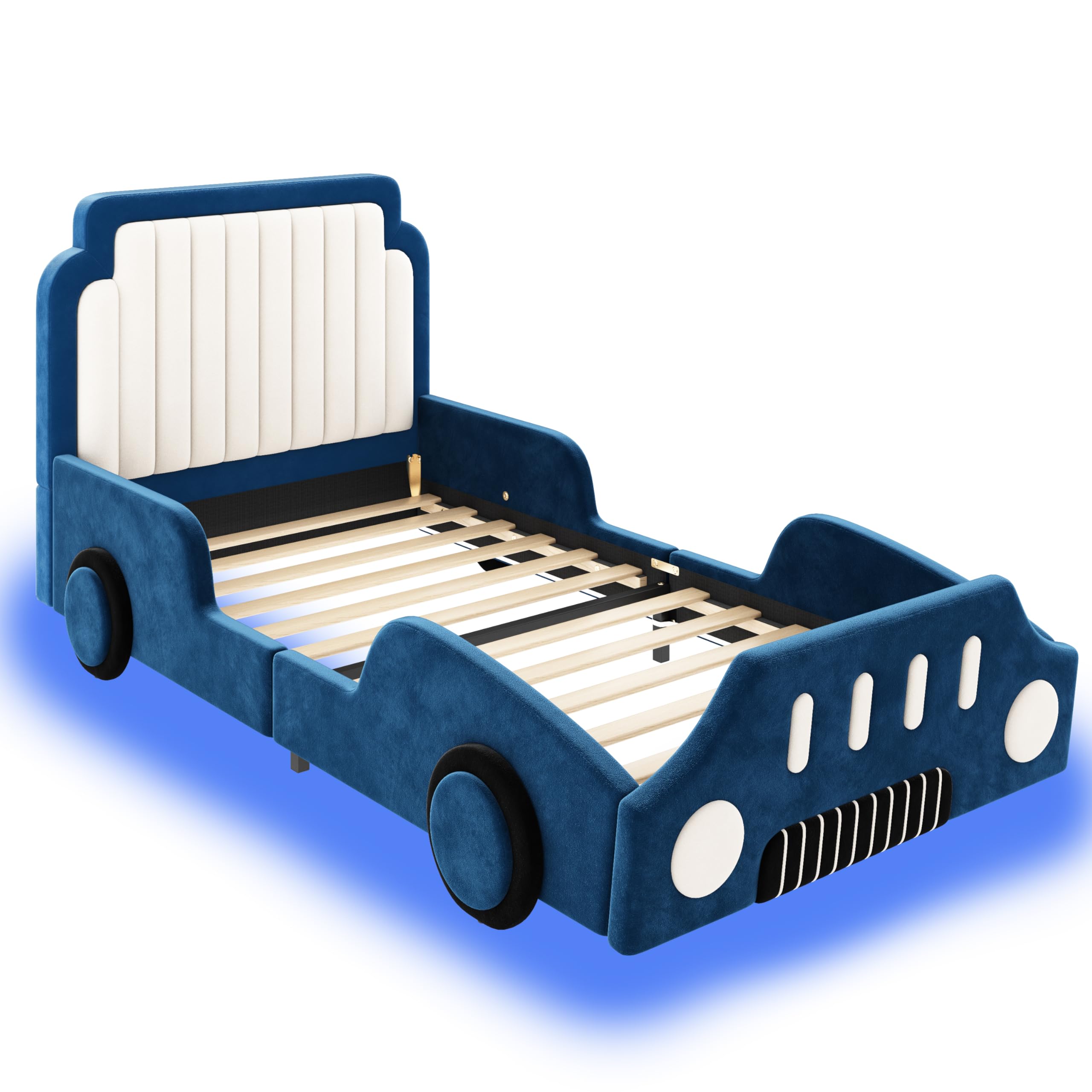 Polsterbett Einzelbett 90x200cm, Autoförmiges Design, Kinderbett mit LED und Schutzgeländer, Aufregendes Auto Kinderbett für kleine Rennfahrer, Kinder Spielbett mit Lattenrost, Samt (Blau-1, 90x200CM)