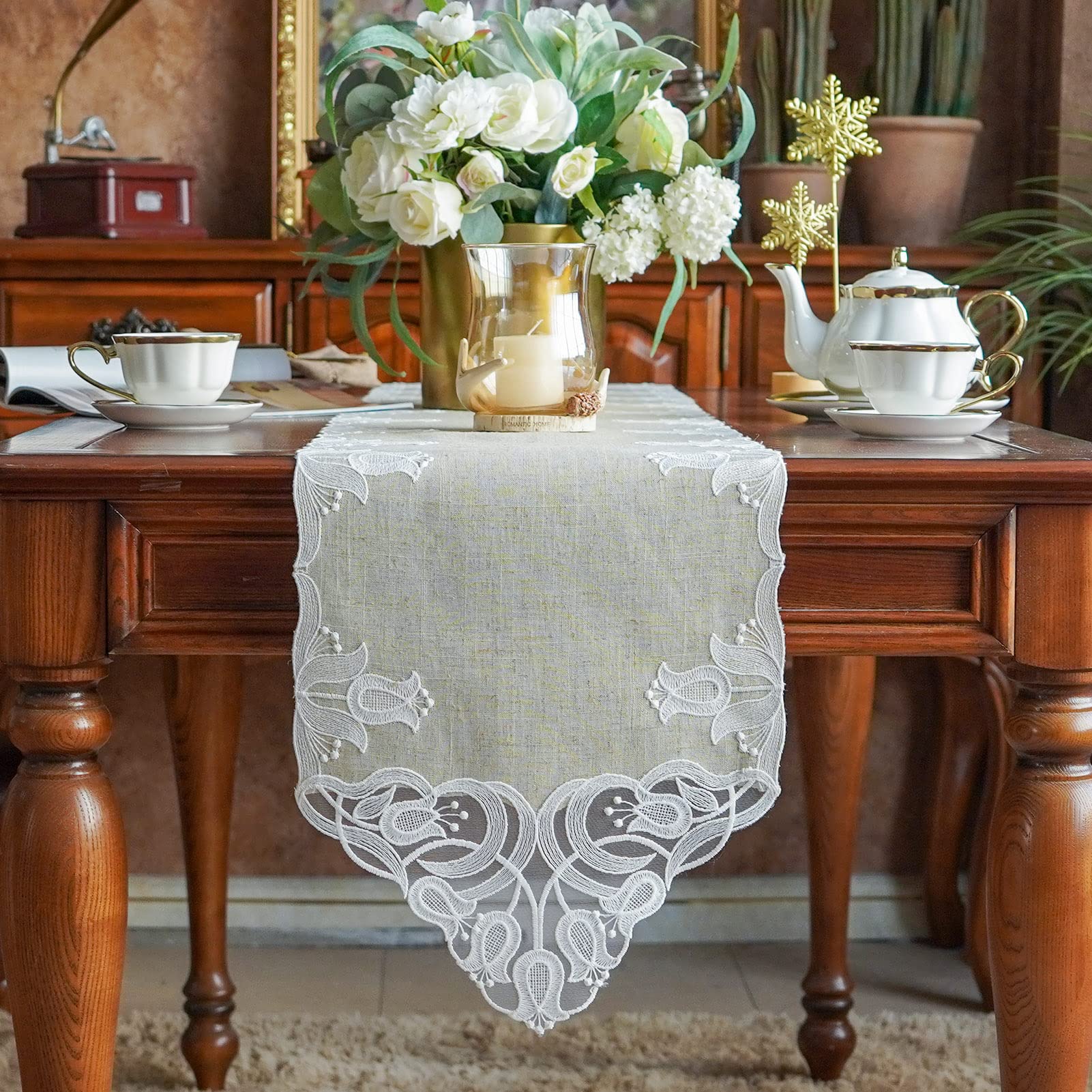 Amazon.com: ARTABLE Lace Table Runner Macrame Vintage Flower Dresser Scarf  with Exquisite Embroidery Table Runners for Kitchen Home Wedding Party  Dining Decoration (Linen, 12 x 70 Inch) : Home & Kitchen