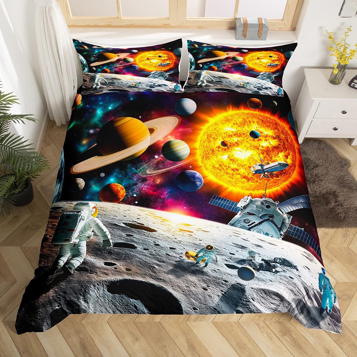 Homewish Boys Multi 02 Planet Earth Bedding Set Solar System For Kids Duvet Cover Single,Cosmic Comforter Cover Mystery Outer Space Zodiac Astronaut Bed Set Galaxy Starry Sky Stars Constellation Bedroom Decor