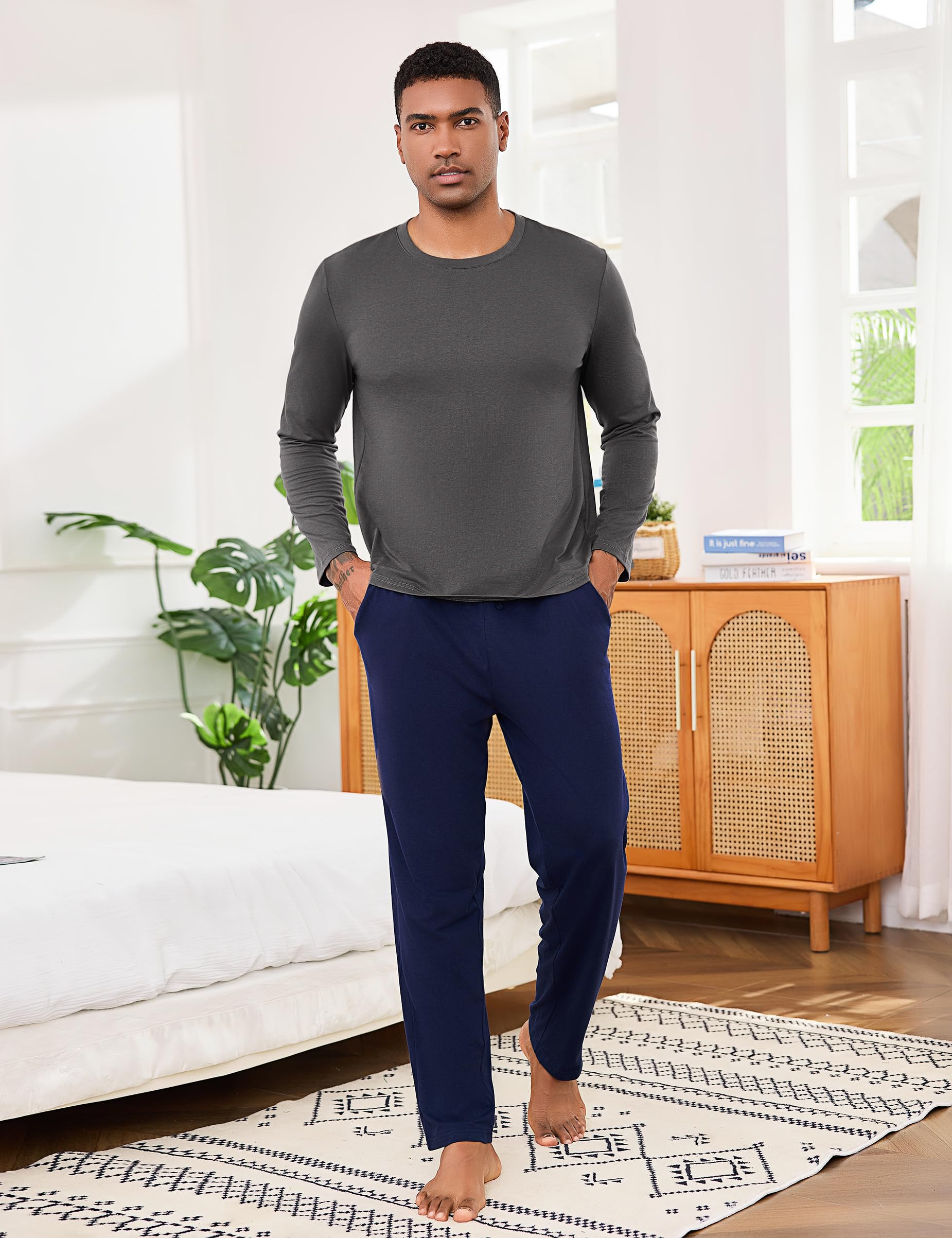 Bresdk Pyjama Homme Coton Hiver Long Ensembles de Pyjamas à Chauds Manches Longues