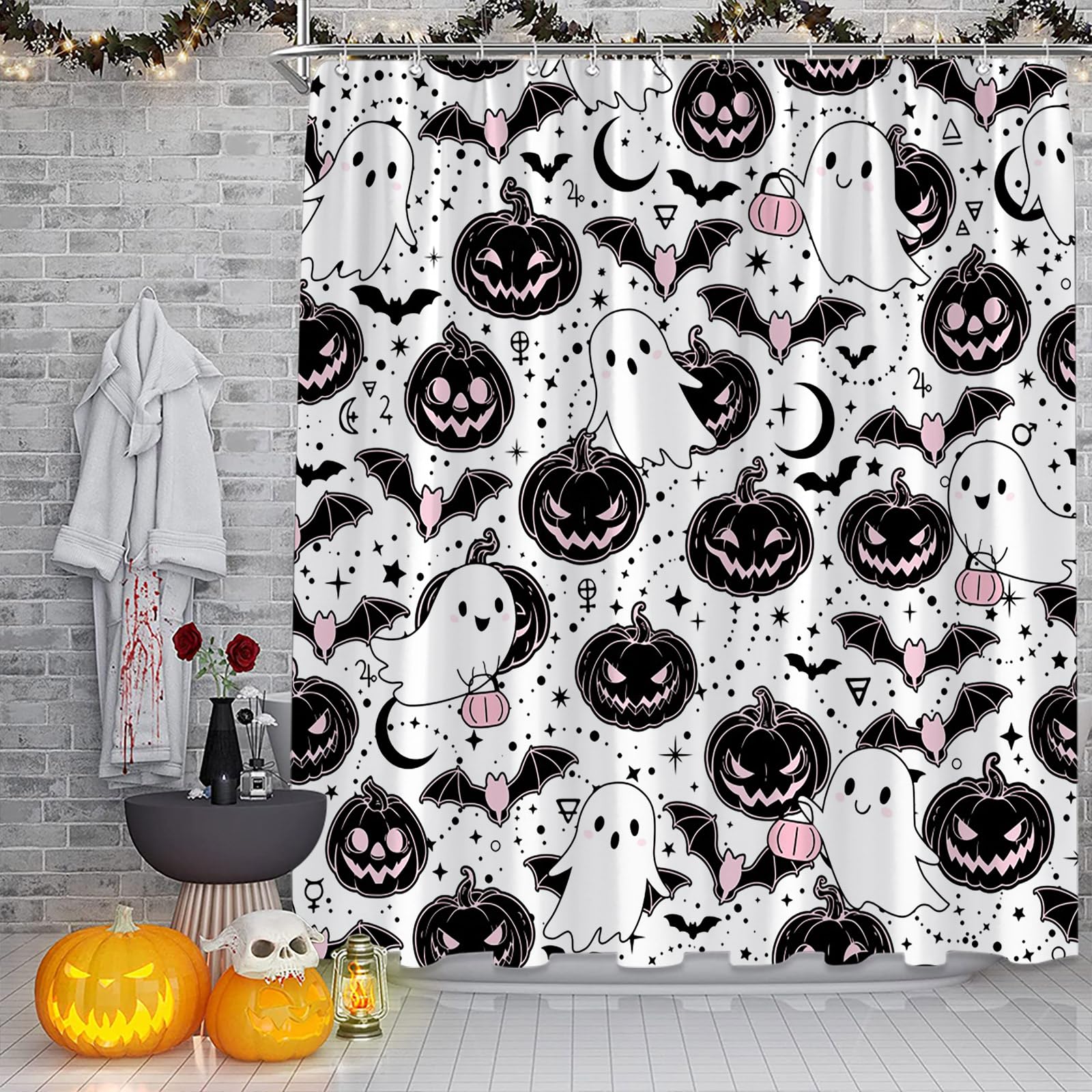 MYYJYY Halloween Ghost Pumpkins Shower Curtain Cute White Ghosts Pumpkin Bat Gothic Spooky Cartoon Moon Star Mid Century,Black 60" Wx70 H Fabric