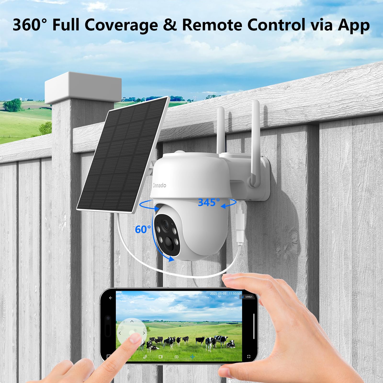 Cinnado 4G LTE 2K 3MP Camera Exterieur sans Fil Solaire, Batterie 9000 mAh | Camera de Surveillance sans Internet et sans WiFi, PIR Détection Humaine IA, IP65 Étanche, Carte SIM Virtuelle Incluse