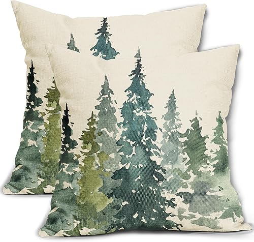 Miniatura 9 de Juego de 2 fundas de almohada de árbol de invierno de 18 x 18 pulgadas, diseño rústico de naturaleza, verde azulado, bosque, fundas decorativas para