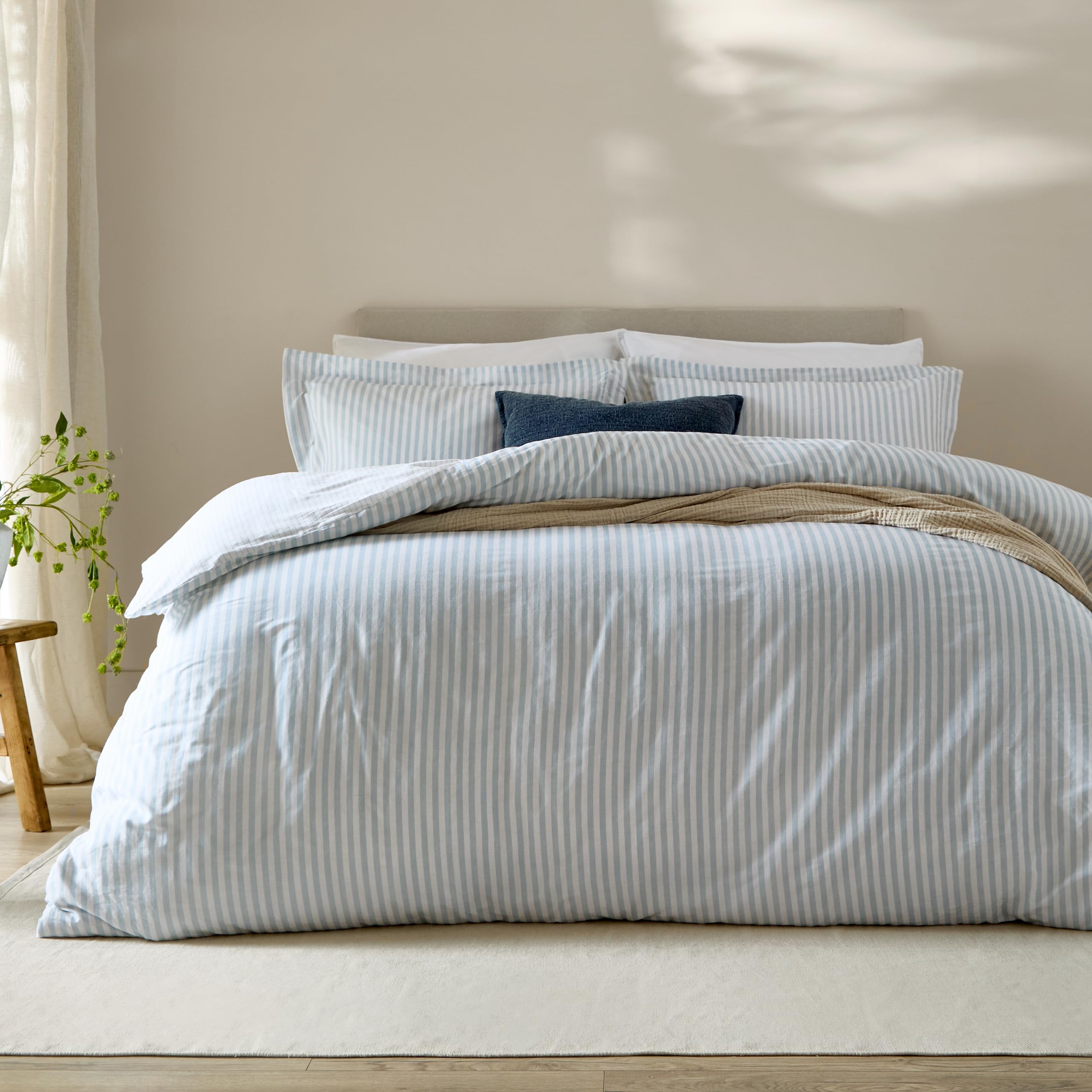 furn. Yard Hebden 100% Cotton Stripe Duvet Cover Set – Reversible Striped Bedding (Mineral Blue, King) — image 1