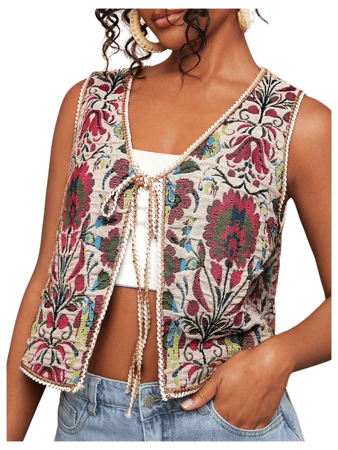 GORGLITTER Women's Western Cardigan Floral Boho Vest Sleeveless Tie Front Trendy Country Concert Cowgirl Outfits