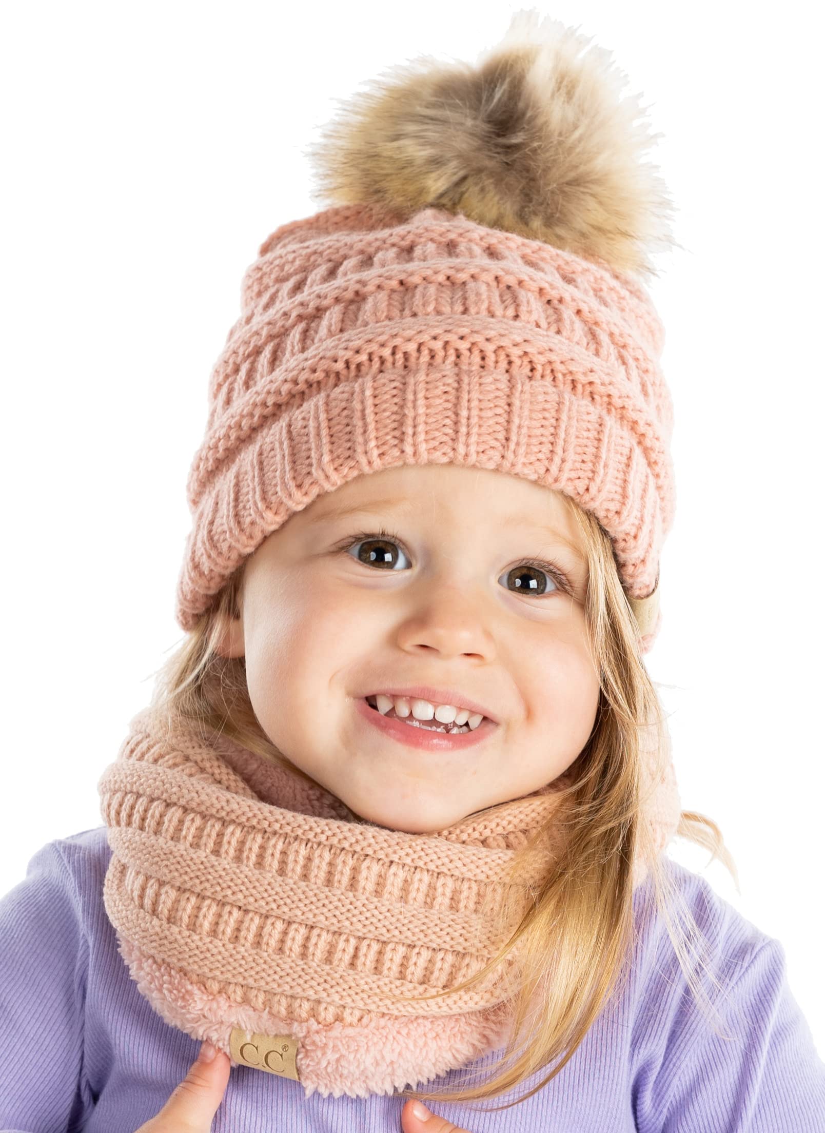 Funky Junque Kids Winter Fleece Lined Neck Warmer Ribbed Knit Pom Pom Winter Beanie Bundle Cold Weather Gaiter Toddler