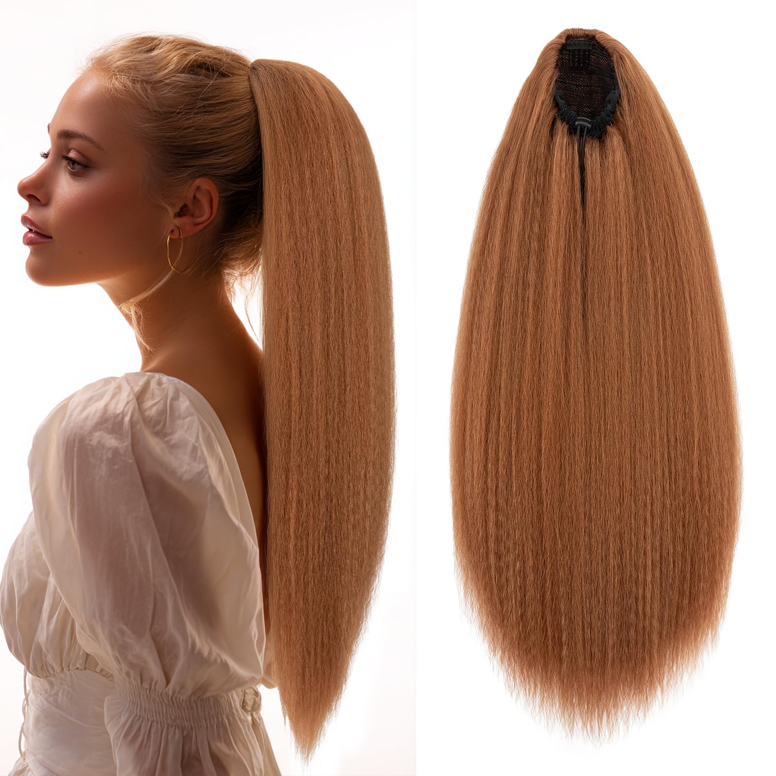 TESS Drawstring Clip in Ponytail Hair Extensions for Women UK Straight 24 Inches 140g #30, U Light Caramel, 24 Inch (straight)