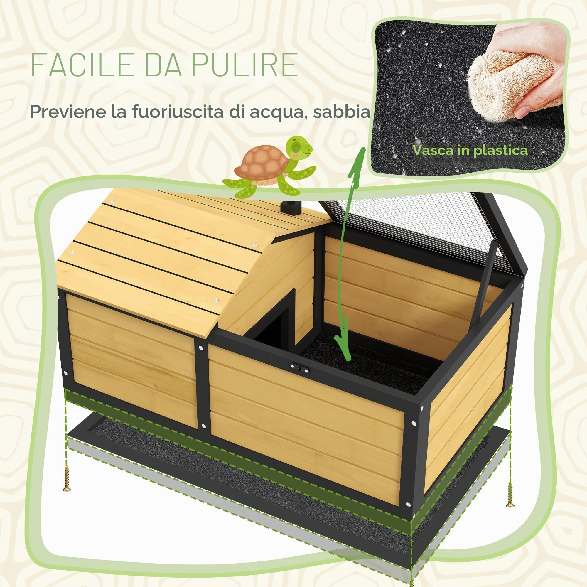 PawHut Casetta in legno per tartarughe, per piccoli animali domestici, rettili con nascondiglio per rifugio, parte superiore apribile, vassoio, casa per tartarughe, per interni ed esterni, giallo