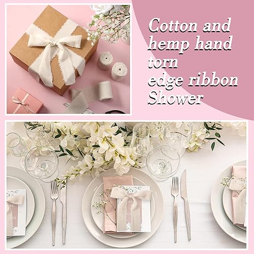 Miniatura 8 de 4 rollos de cinta de lino de algodón beige de 16 yardas, tamaño mixto, hecha a mano, flecos, tela deshilachada, bordes deshilachados, cinta de lino