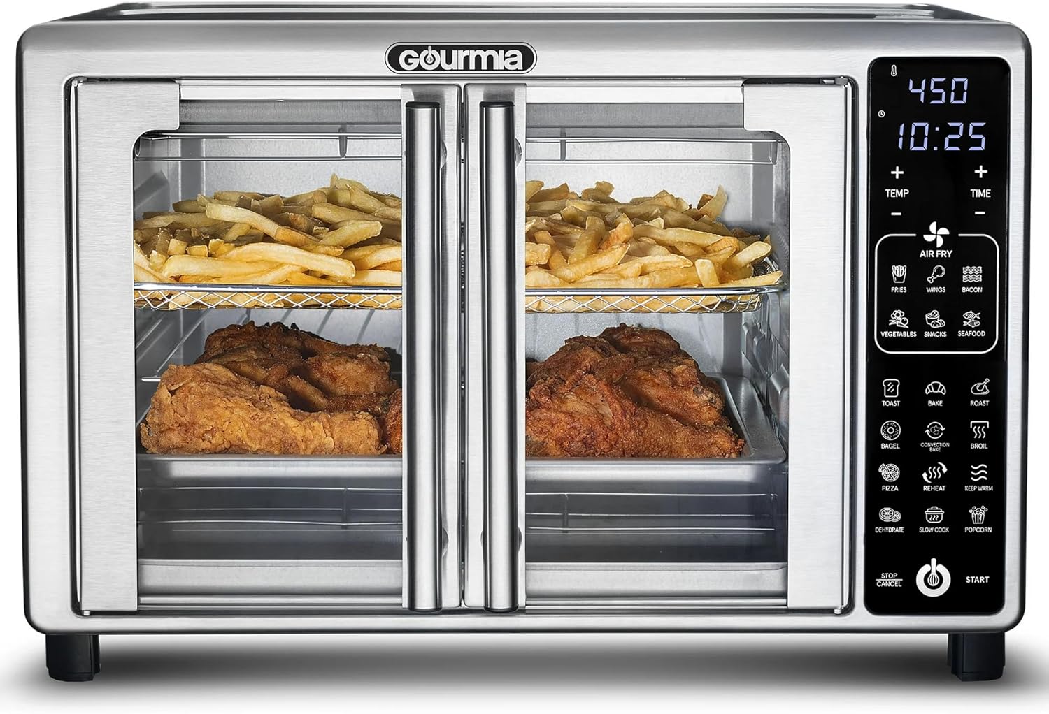 Gourmias GTF2440 Digital Toaster Oven Air Fryer 1700W – 19 Presets, FryForce 360 Tech, French Doors, 6-Slice Capacity, 12″ Pizza Fit, Stainless Steel, 24L Capacity, Multi-Function Countertop Oven Gourmias GTF2440 Digital Toaster Oven Air Fryer 1700W – 19 Presets, FryForce 360 Tech, French Doors, 6-Slice Capacity, 12″ Pizza Fit, Stainless Steel, 24L Capacity, Multi-Function Countertop Oven